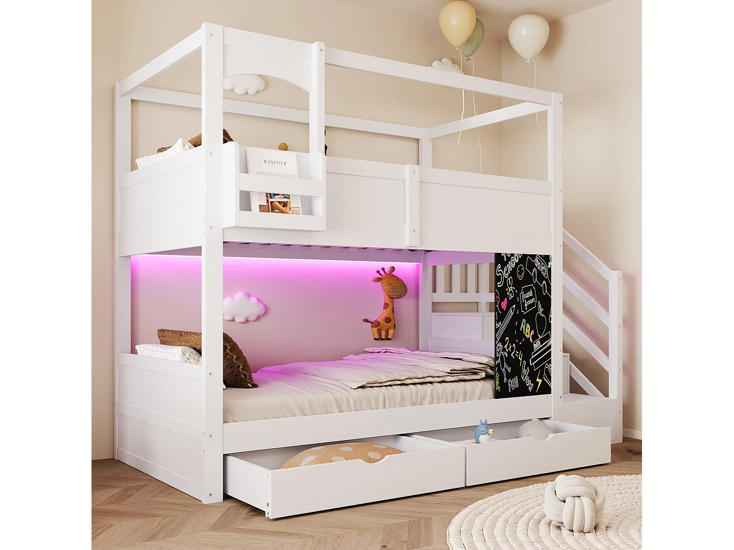 Etagenbett 90 x 200 cm mit Leiter und Stauraum, 2 Schubladen, Tafel - Kiefer + MDF - Weiß (Matratze nicht enthalten)