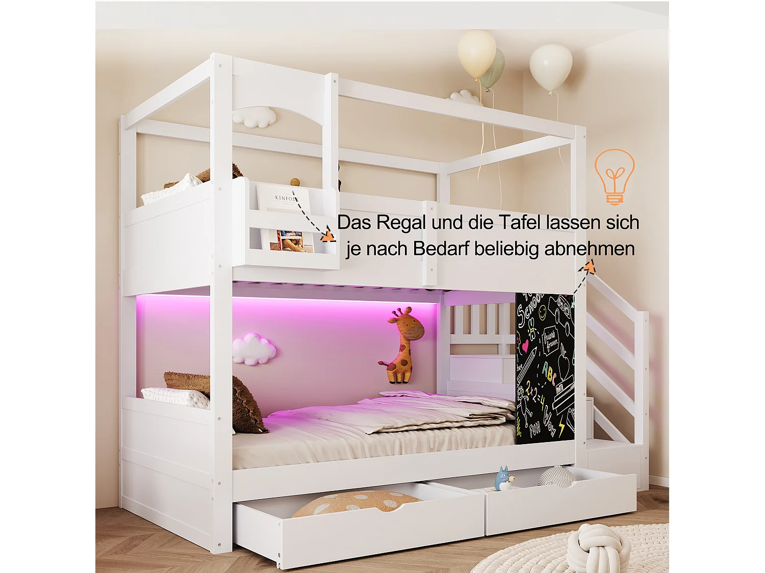 Etagenbett 90 x 200 cm mit Leiter und Stauraum, 2 Schubladen, Tafel - Kiefer + MDF - Weiß (Matratze nicht enthalten)