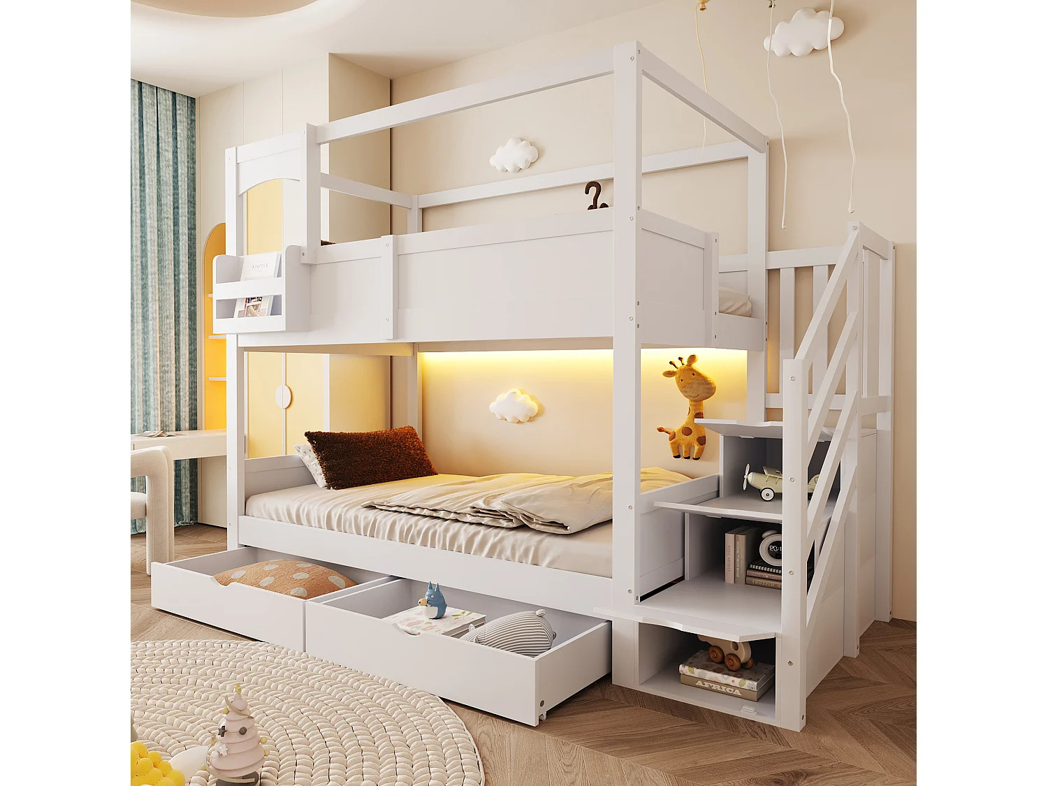 Etagenbett 90 x 200 cm mit Leiter und Stauraum, 2 Schubladen, Tafel - Kiefer + MDF - Weiß (Matratze nicht enthalten)
