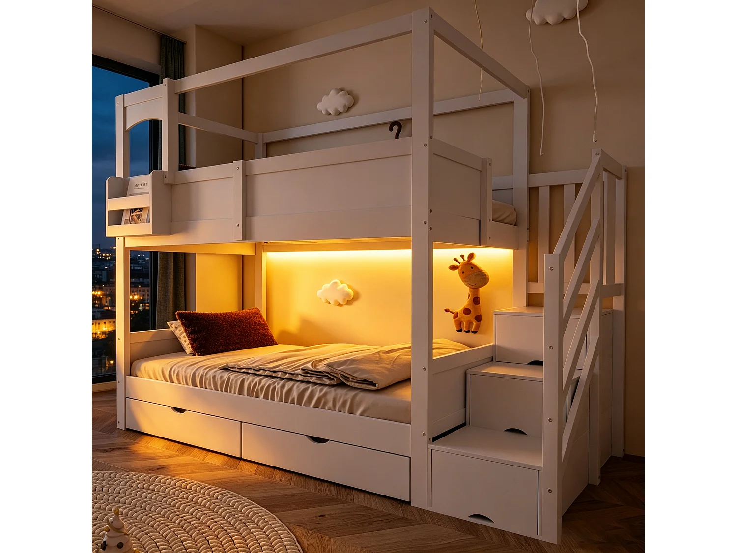 Etagenbett 90 x 200 cm mit Leiter und Stauraum, 2 Schubladen, Tafel - Kiefer + MDF - Weiß (Matratze nicht enthalten)