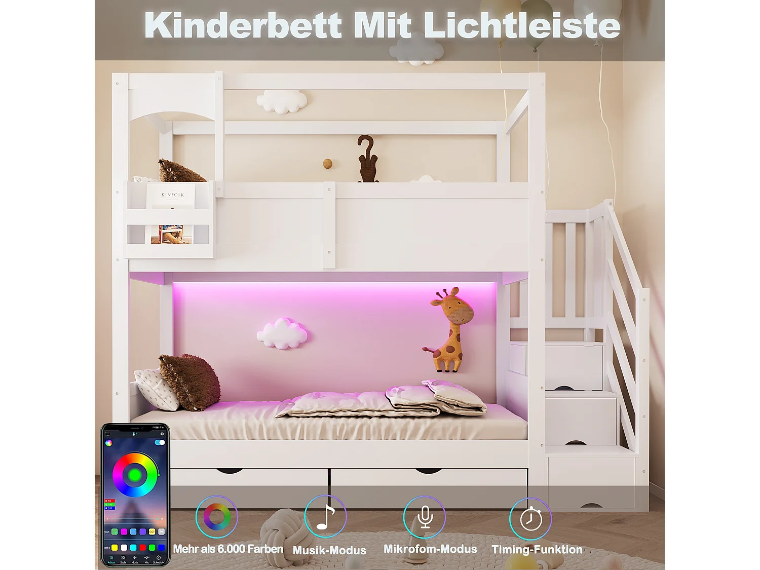 Etagenbett 90 x 200 cm mit Leiter und Stauraum, 2 Schubladen, Tafel - Kiefer + MDF - Weiß (Matratze nicht enthalten)