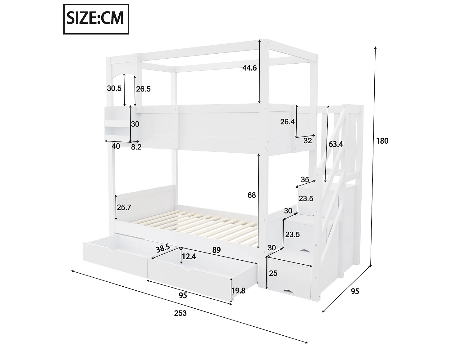 Etagenbett 90 x 200 cm mit Leiter und Stauraum, 2 Schubladen, Tafel - Kiefer + MDF - Weiß (Matratze nicht enthalten)