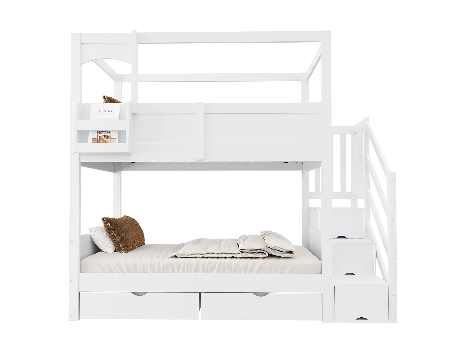 Etagenbett 90 x 200 cm mit Leiter und Stauraum, 2 Schubladen, Tafel - Kiefer + MDF - Weiß (Matratze nicht enthalten)
