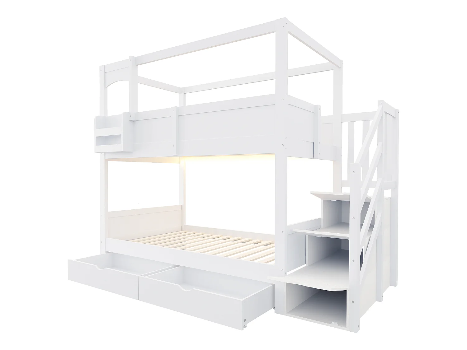 Etagenbett 90 x 200 cm mit Leiter und Stauraum, 2 Schubladen, Tafel - Kiefer + MDF - Weiß (Matratze nicht enthalten)