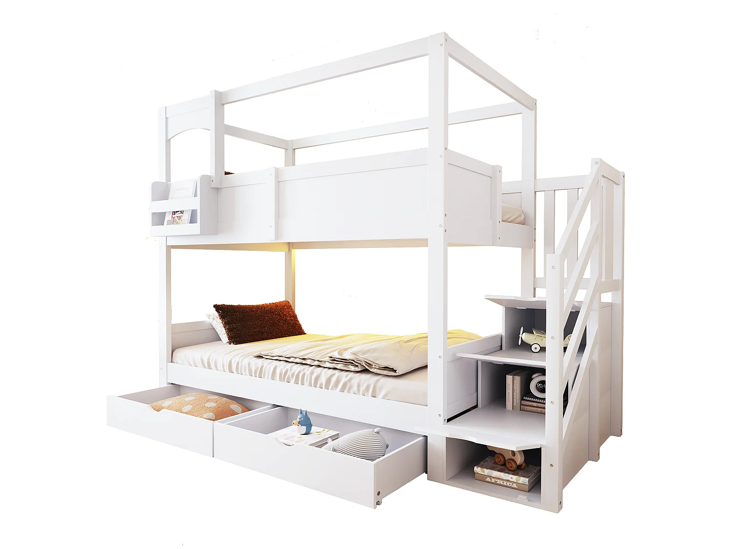 Etagenbett 90 x 200 cm mit Leiter und Stauraum, 2 Schubladen, Tafel - Kiefer + MDF - Weiß (Matratze nicht enthalten)