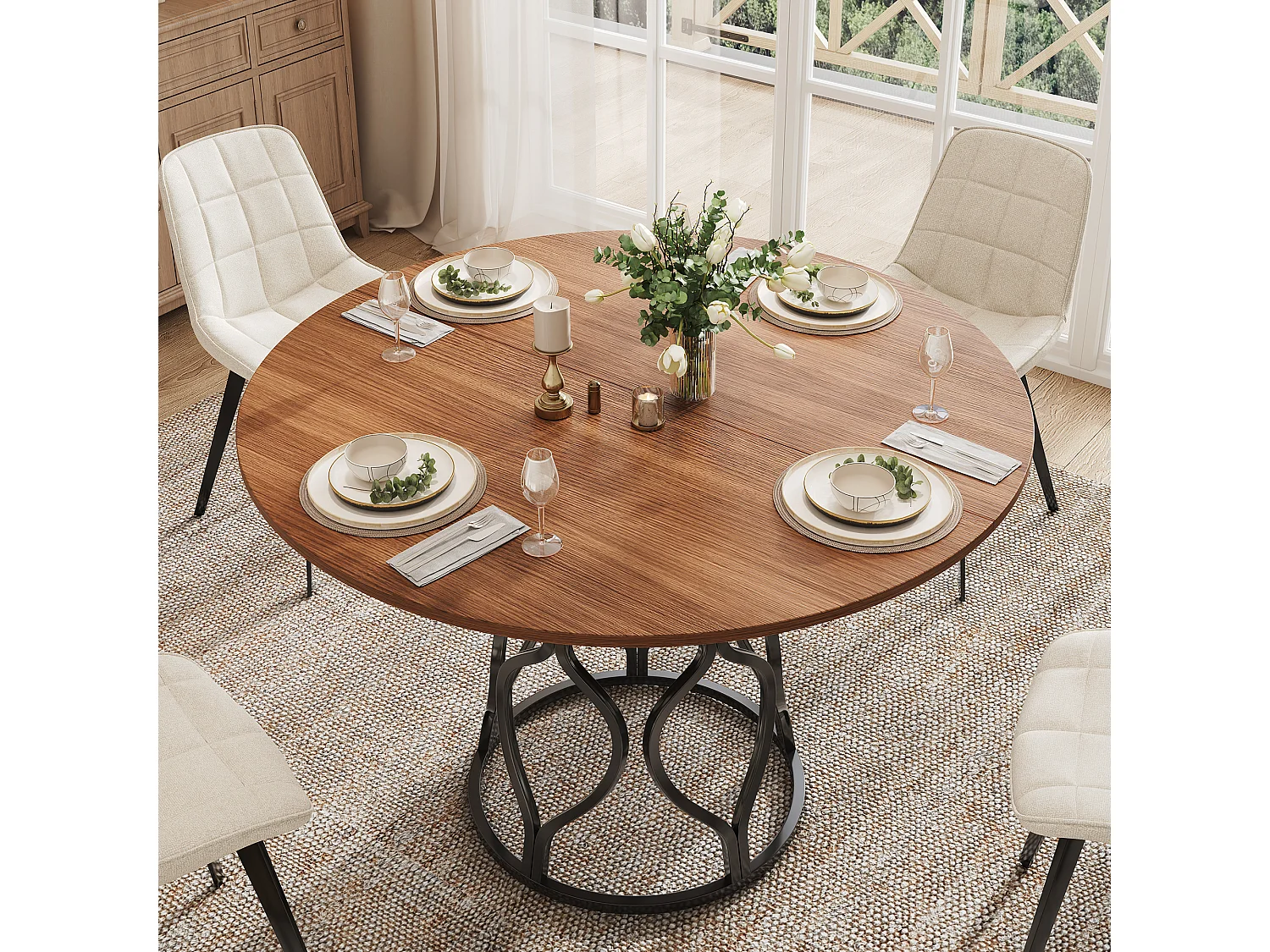 Runder Esstisch 100x100x75cm - Küchentisch für 4-6 Personen mit integriertem Aufbewahrungsregal, Marmor-Effekt-Platte & goldfarbenem Metallfuß - Braun