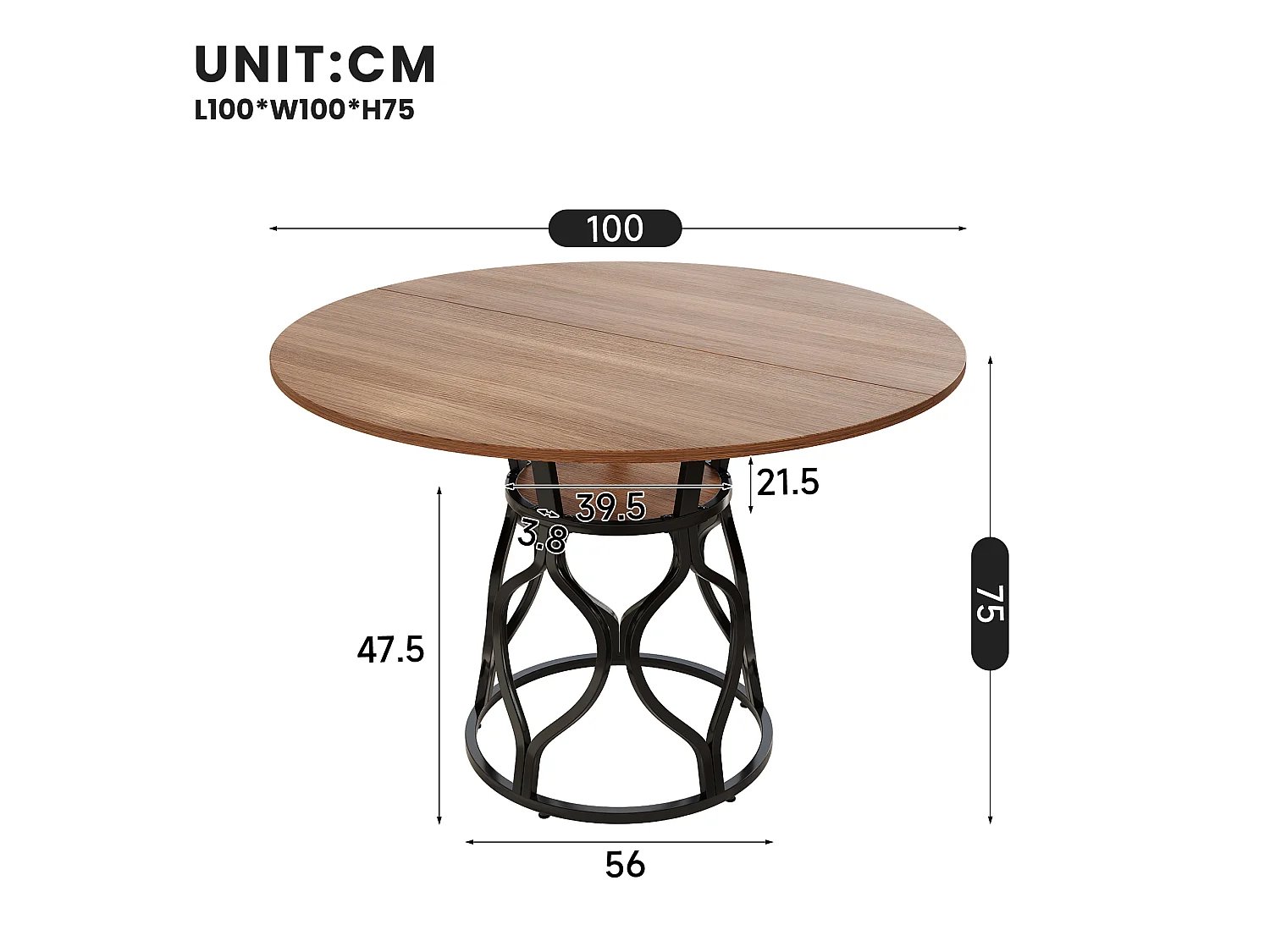Runder Esstisch 100x100x75cm - Küchentisch für 4-6 Personen mit integriertem Aufbewahrungsregal, Marmor-Effekt-Platte & goldfarbenem Metallfuß - Braun