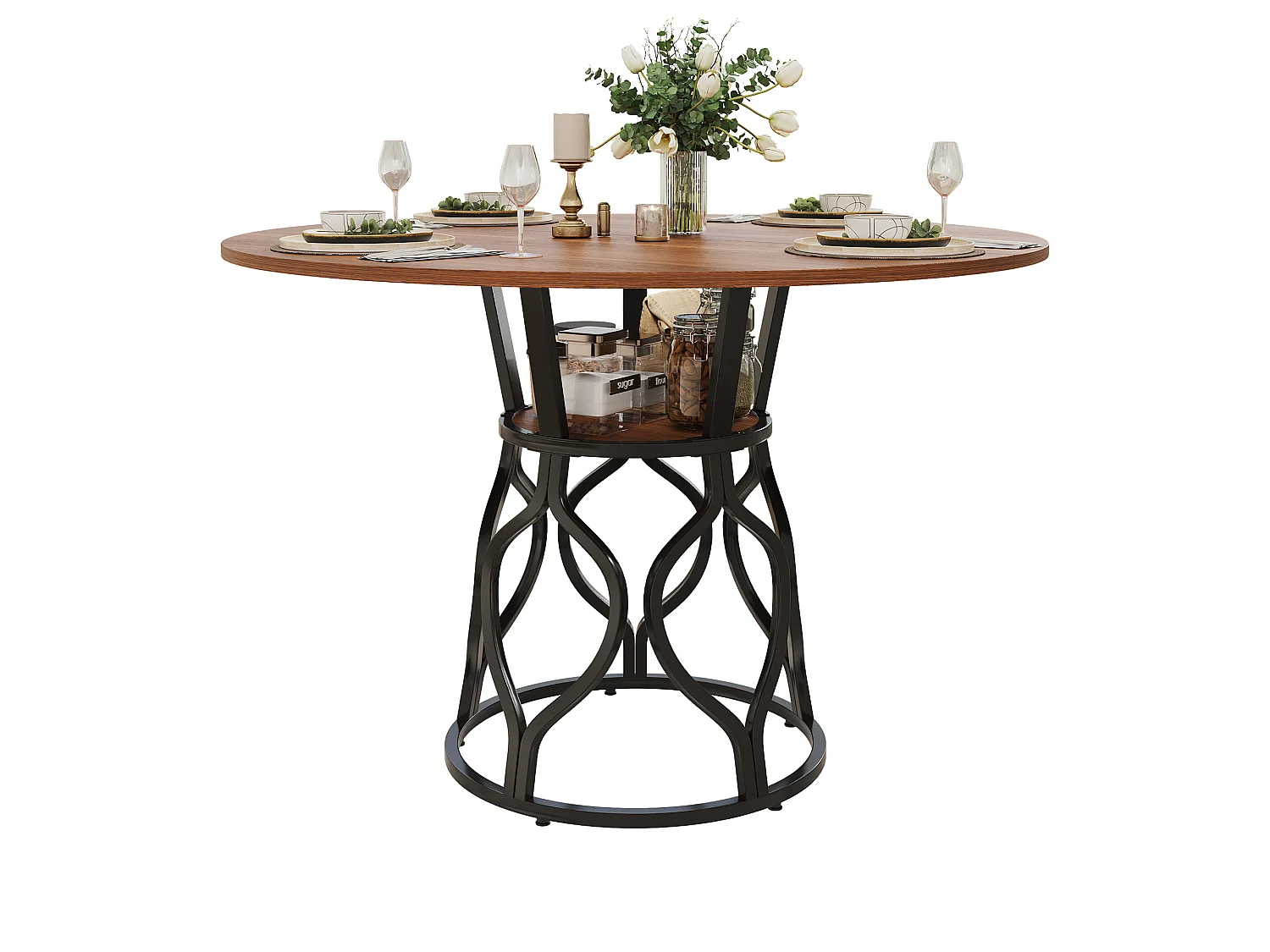 Runder Esstisch 100x100x75cm - Küchentisch für 4-6 Personen mit integriertem Aufbewahrungsregal, Marmor-Effekt-Platte & goldfarbenem Metallfuß - Braun