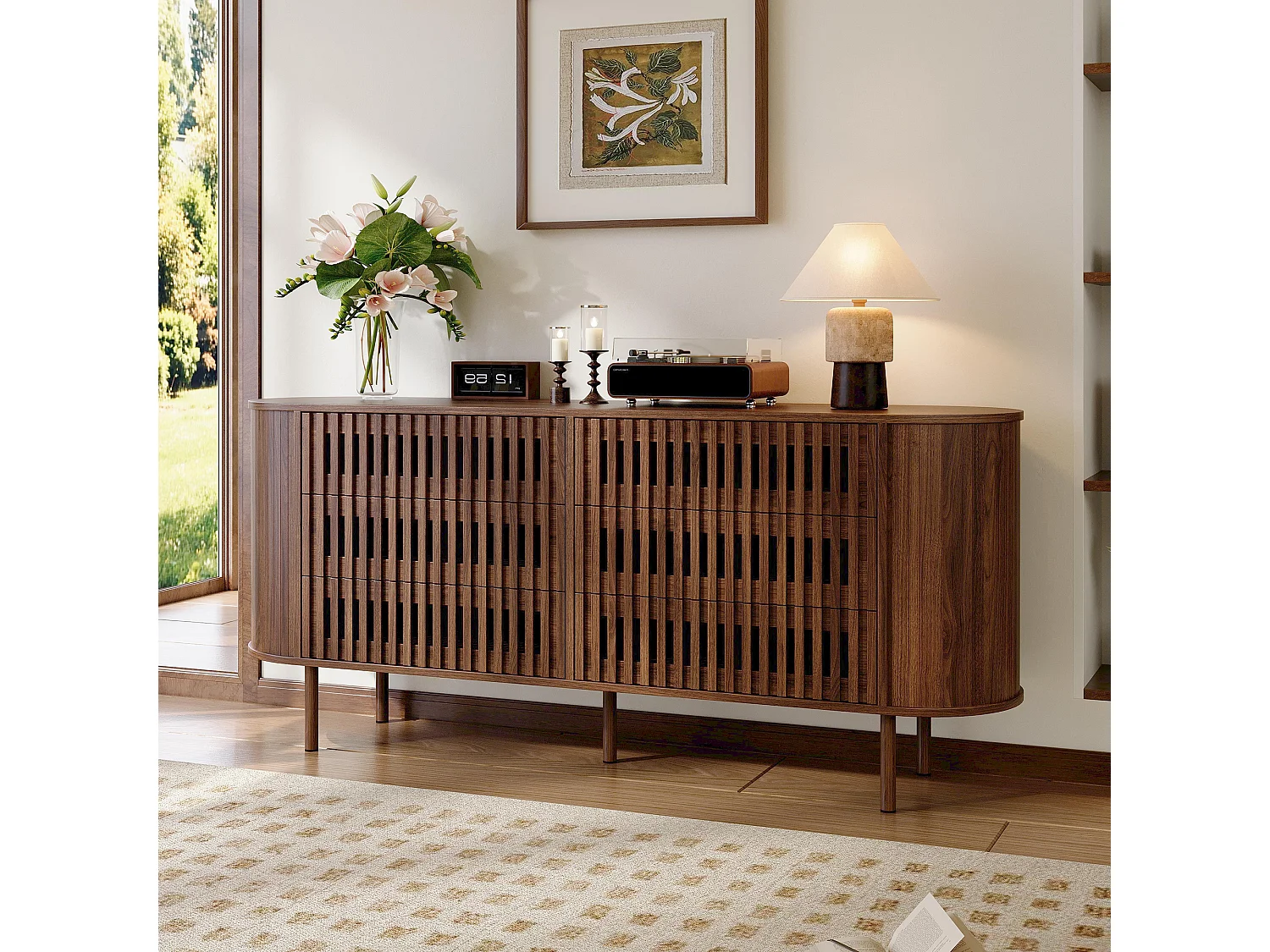 Buffet, commode moderne 160 x 40 x 70 cm - avec 6 tiroirs - Pieds en métal - Placage noyer - MDF - Marron