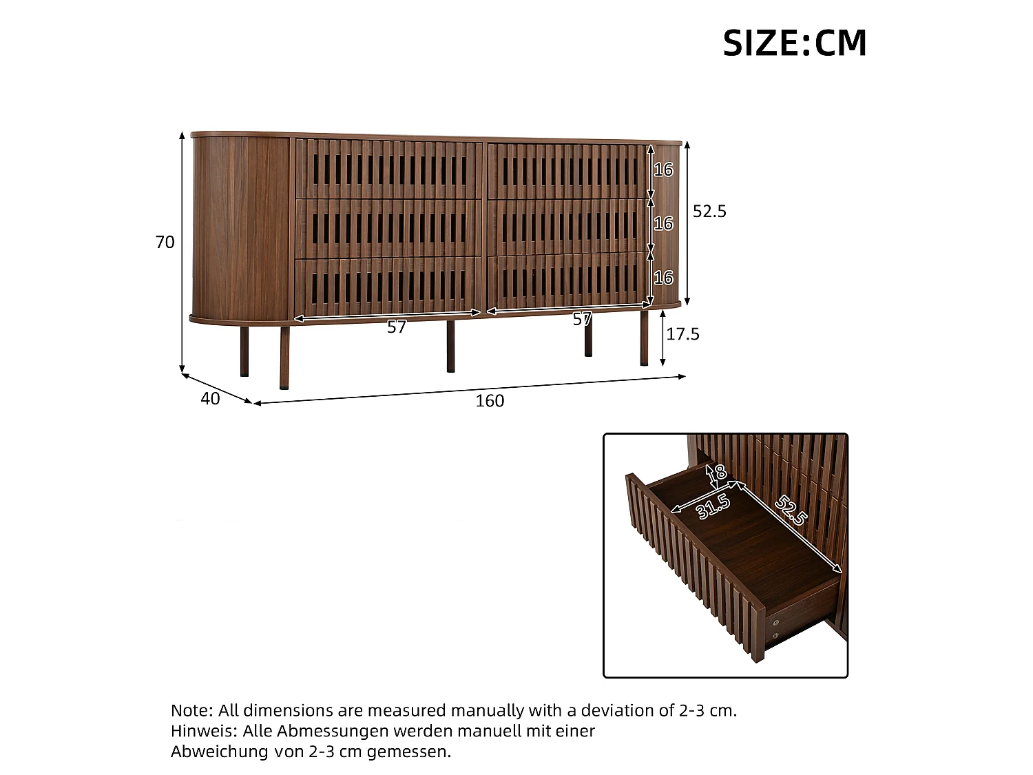 Buffet, commode moderne 160 x 40 x 70 cm - avec 6 tiroirs - Pieds en métal - Placage noyer - MDF - Marron