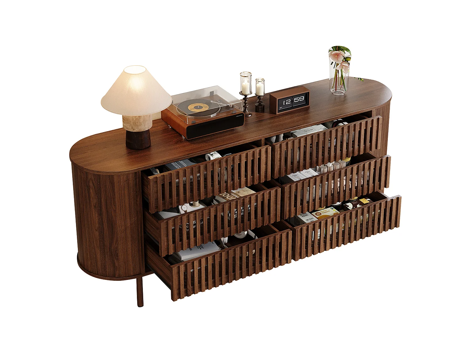 Buffet, commode moderne 160 x 40 x 70 cm - avec 6 tiroirs - Pieds en métal - Placage noyer - MDF - Marron