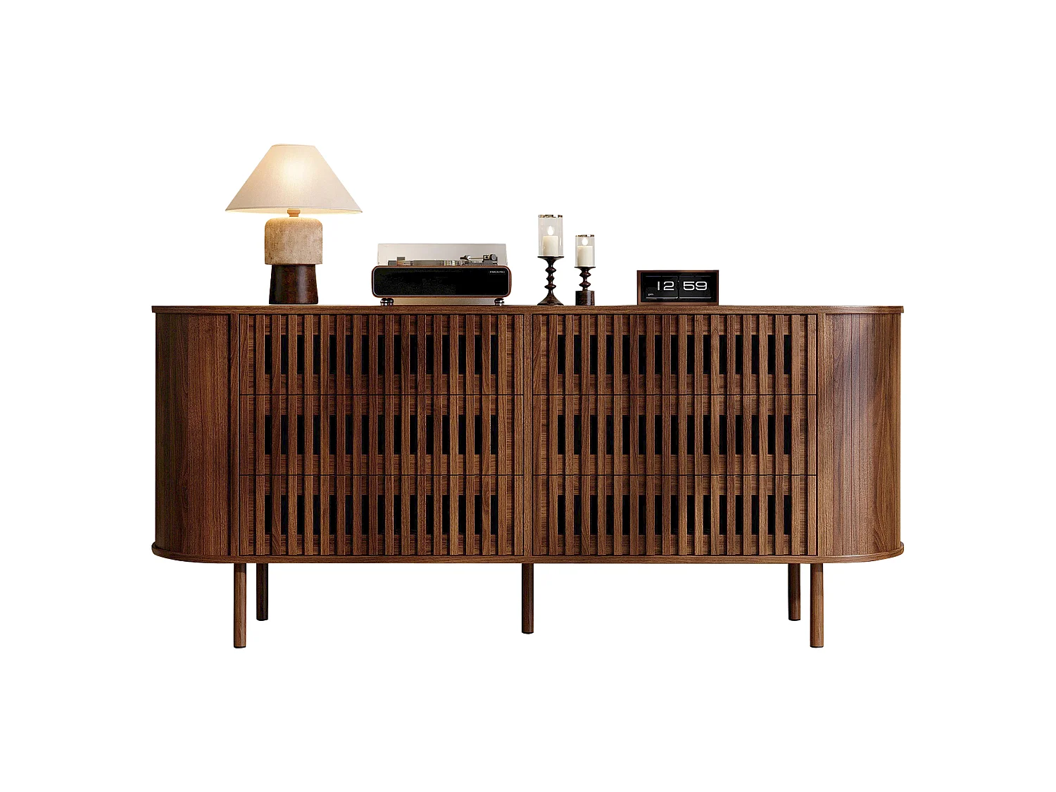 Buffet, commode moderne 160 x 40 x 70 cm - avec 6 tiroirs - Pieds en métal - Placage noyer - MDF - Marron