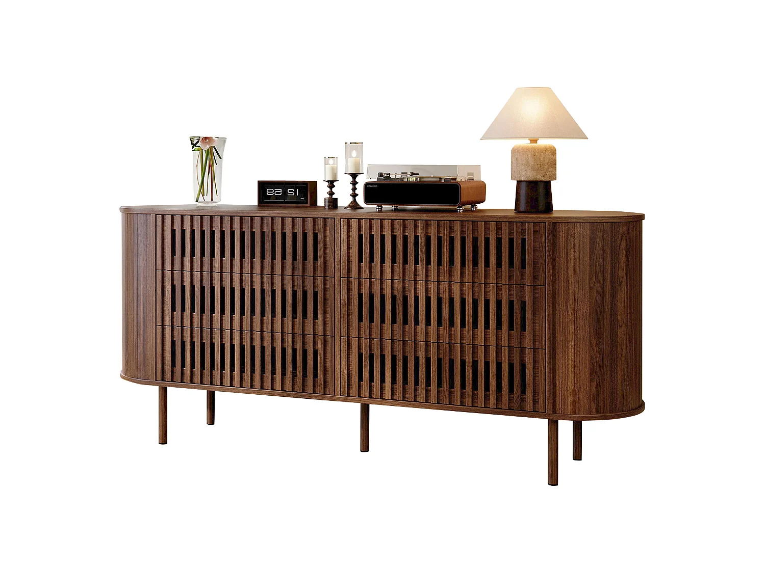 Buffet, commode moderne 160 x 40 x 70 cm - avec 6 tiroirs - Pieds en métal - Placage noyer - MDF - Marron