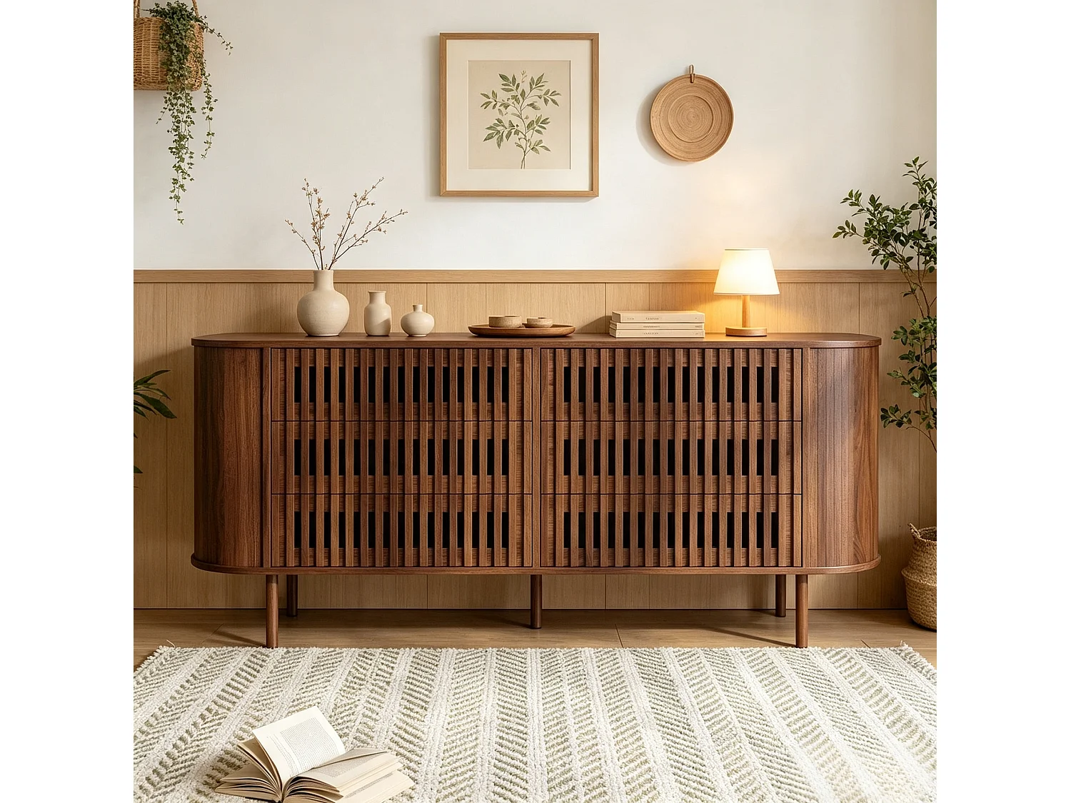 Buffet, commode moderne 160 x 40 x 70 cm - avec 6 tiroirs - Pieds en métal - Placage noyer - MDF - Marron