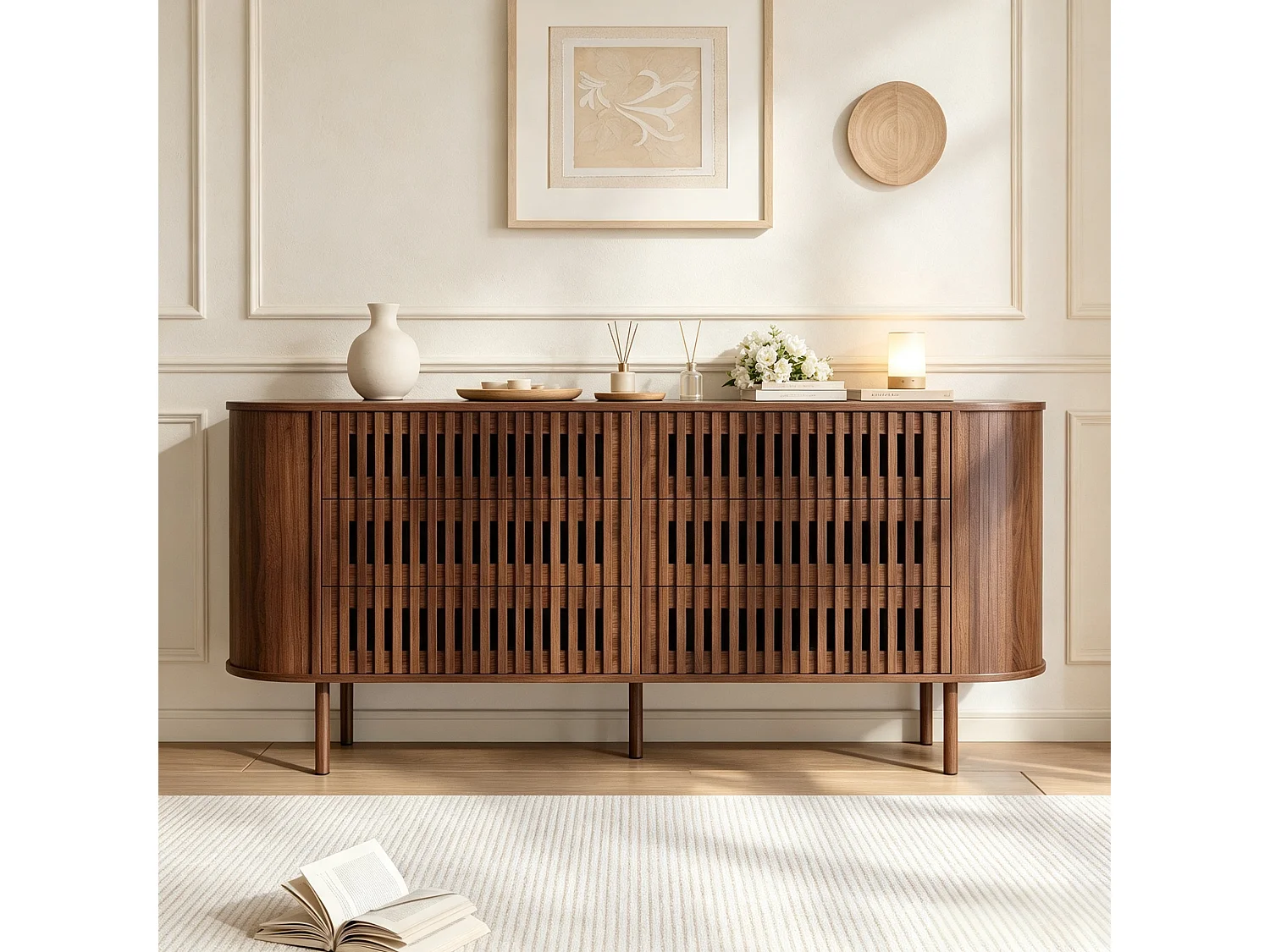 Buffet, commode moderne 160 x 40 x 70 cm - avec 6 tiroirs - Pieds en métal - Placage noyer - MDF - Marron