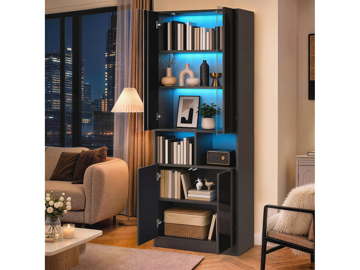 Vitrine, armoire haute 70 x 35 x 180 cm - Éclairage LED - Avec 4 portes et étagères réglables - MDF - Noir