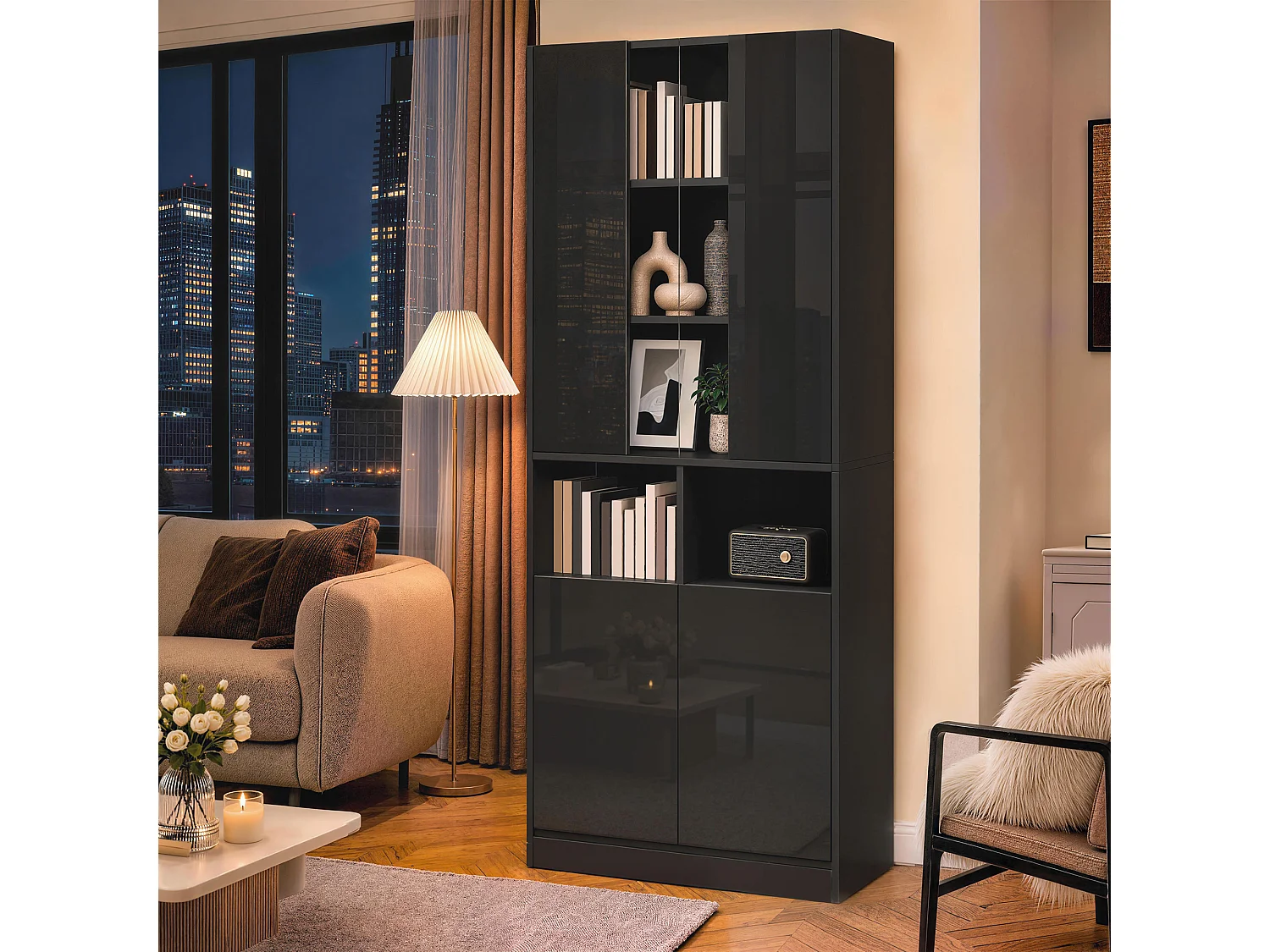 Vitrine, armoire haute 70 x 35 x 180 cm - Éclairage LED - Avec 4 portes et étagères réglables - MDF - Noir
