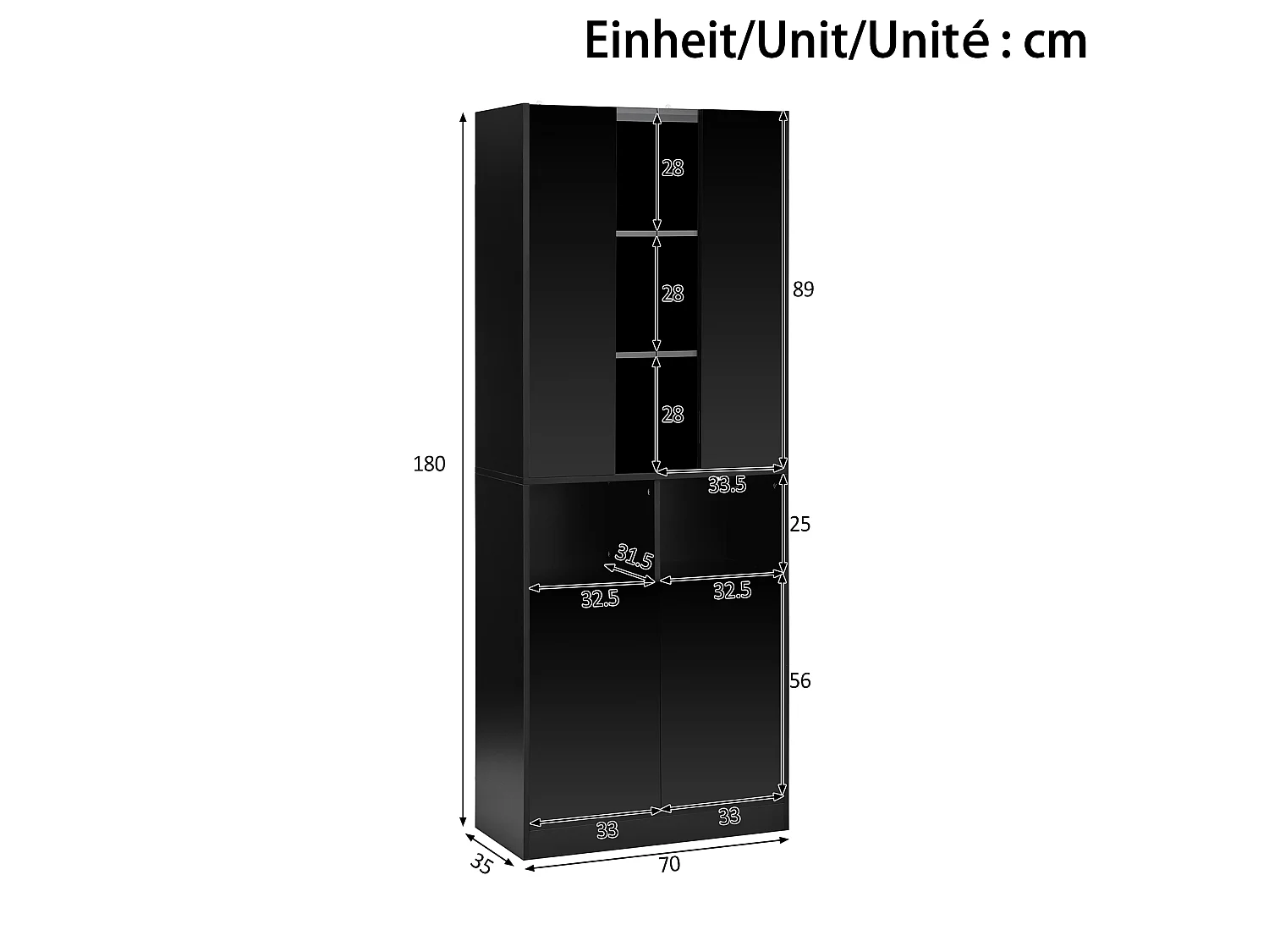 Vitrine, armoire haute 70 x 35 x 180 cm - Éclairage LED - Avec 4 portes et étagères réglables - MDF - Noir