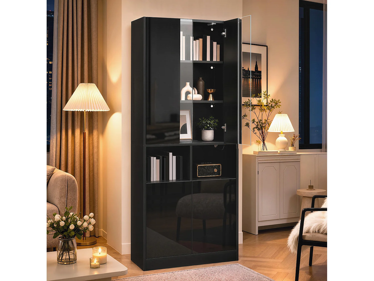 Vitrine, armoire haute 70 x 35 x 180 cm - Éclairage LED - Avec 4 portes et étagères réglables - MDF - Noir