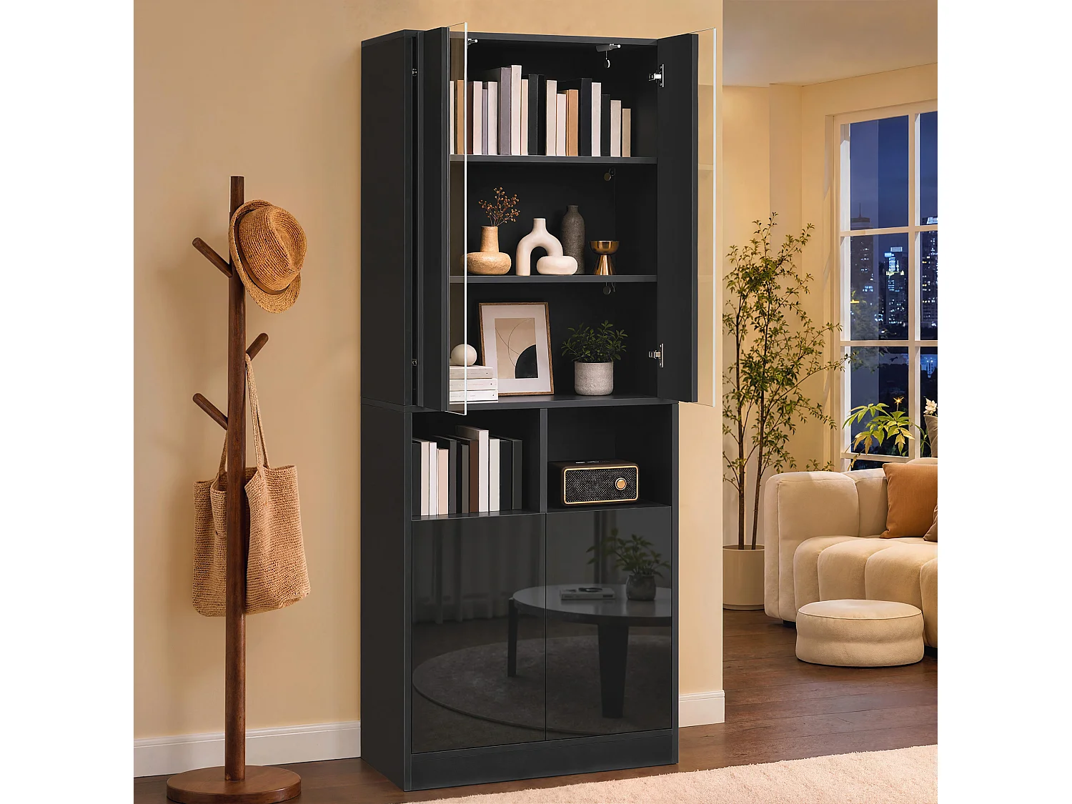 Vitrine, armoire haute 70 x 35 x 180 cm - Éclairage LED - Avec 4 portes et étagères réglables - MDF - Noir