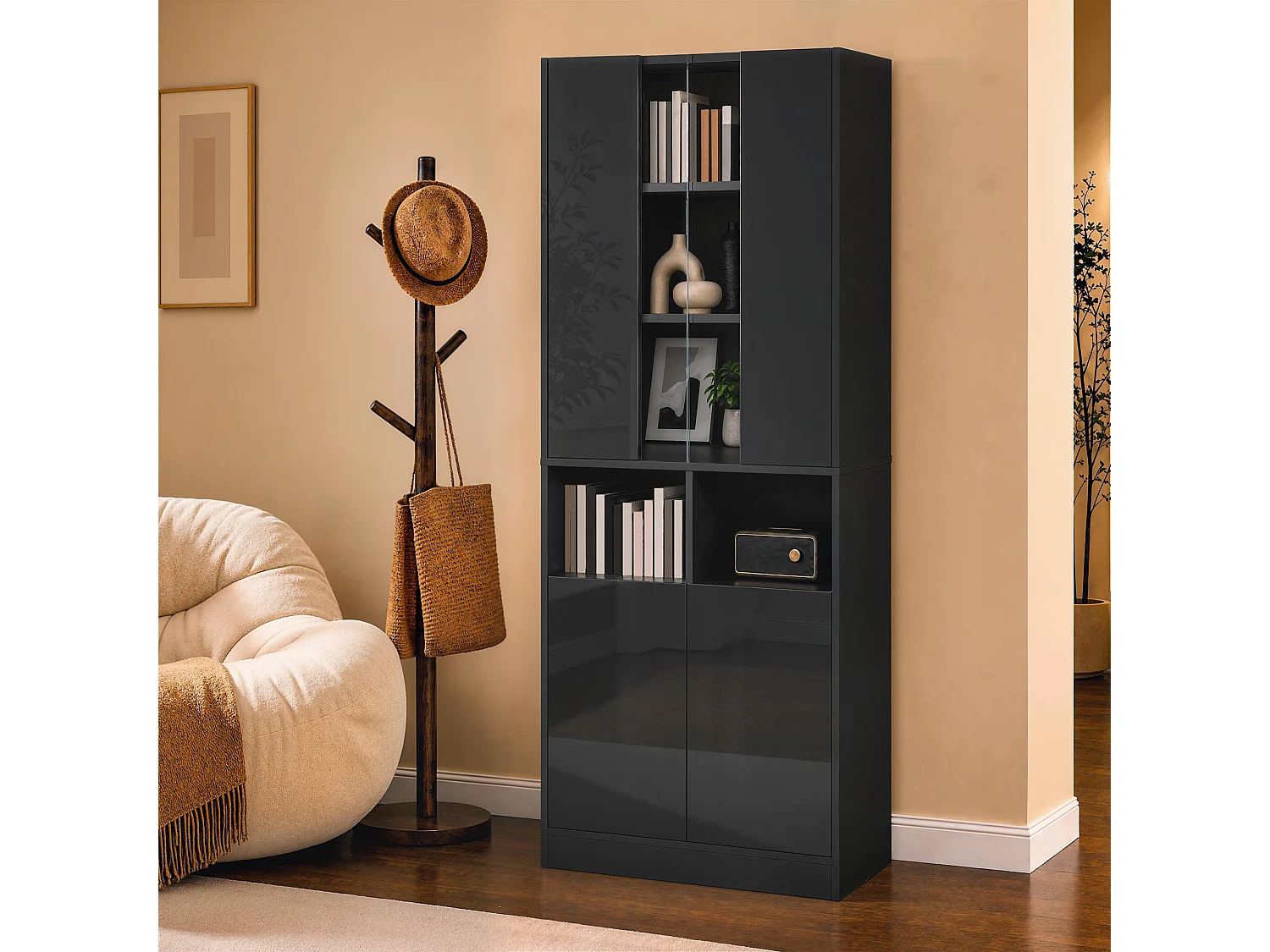 Vitrine, armoire haute 70 x 35 x 180 cm - Éclairage LED - Avec 4 portes et étagères réglables - MDF - Noir