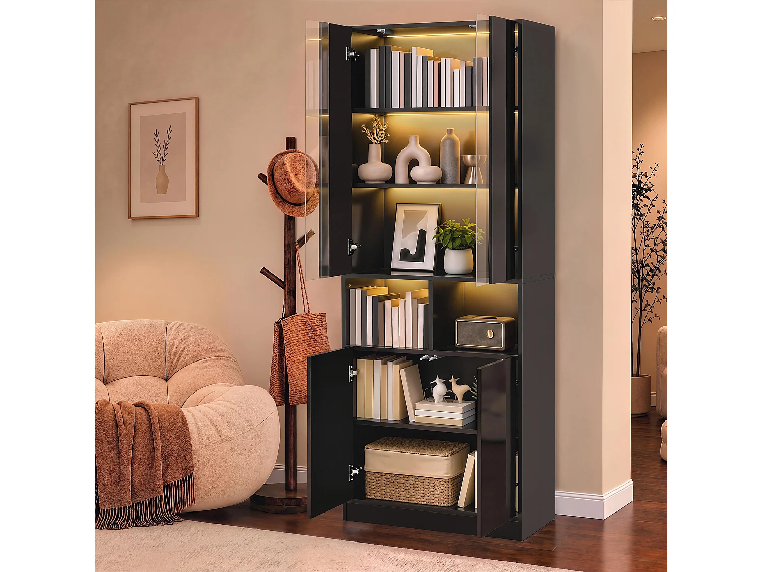 Vitrine, armoire haute 70 x 35 x 180 cm - Éclairage LED - Avec 4 portes et étagères réglables - MDF - Noir