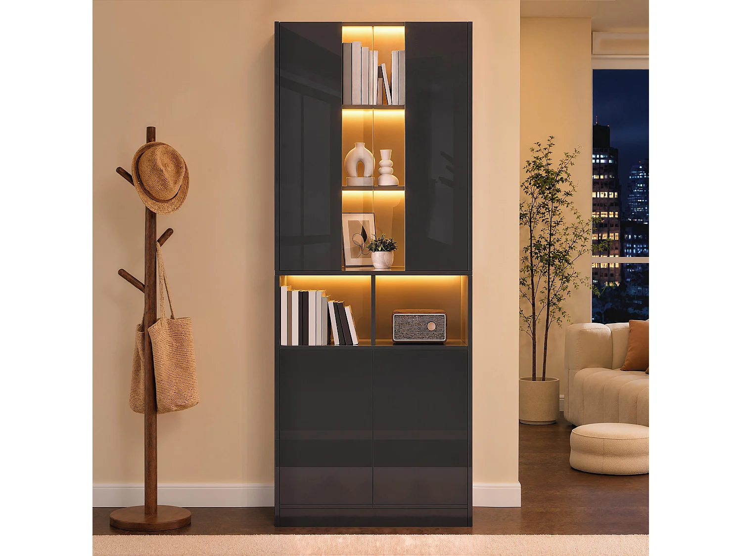 Vitrine, armoire haute 70 x 35 x 180 cm - Éclairage LED - Avec 4 portes et étagères réglables - MDF - Noir