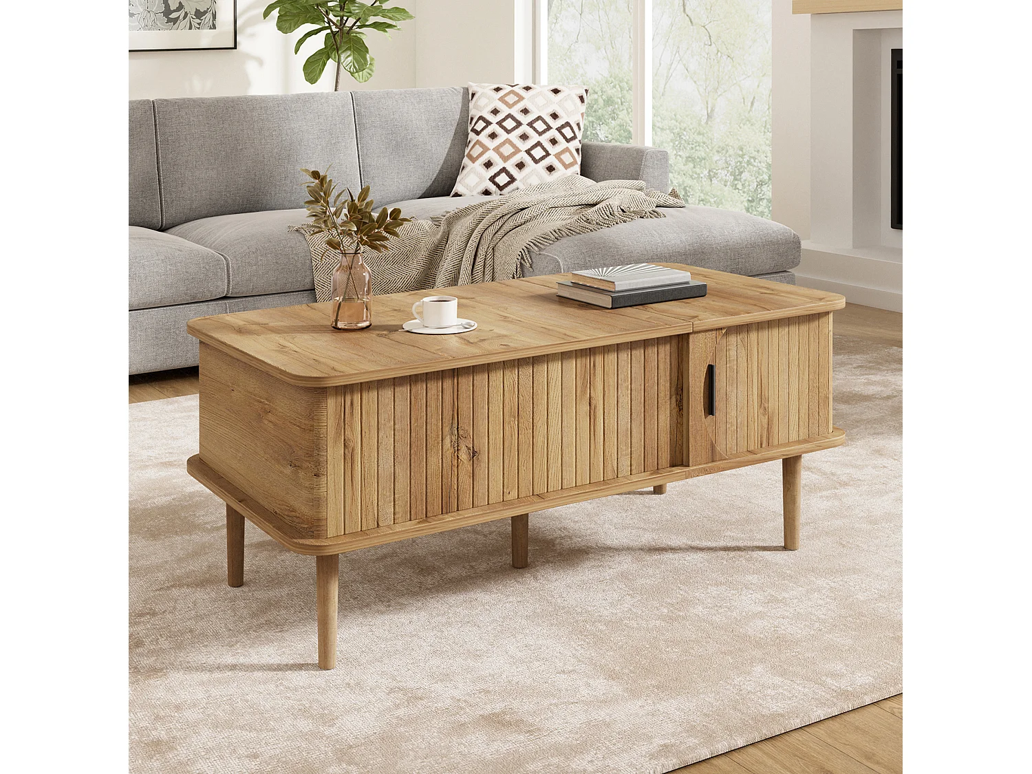 Table basse relevable rétro moderne 100x48x55.5 cm - Plateau réglable - 1 porte coulissante - Pieds en bois - Naturel