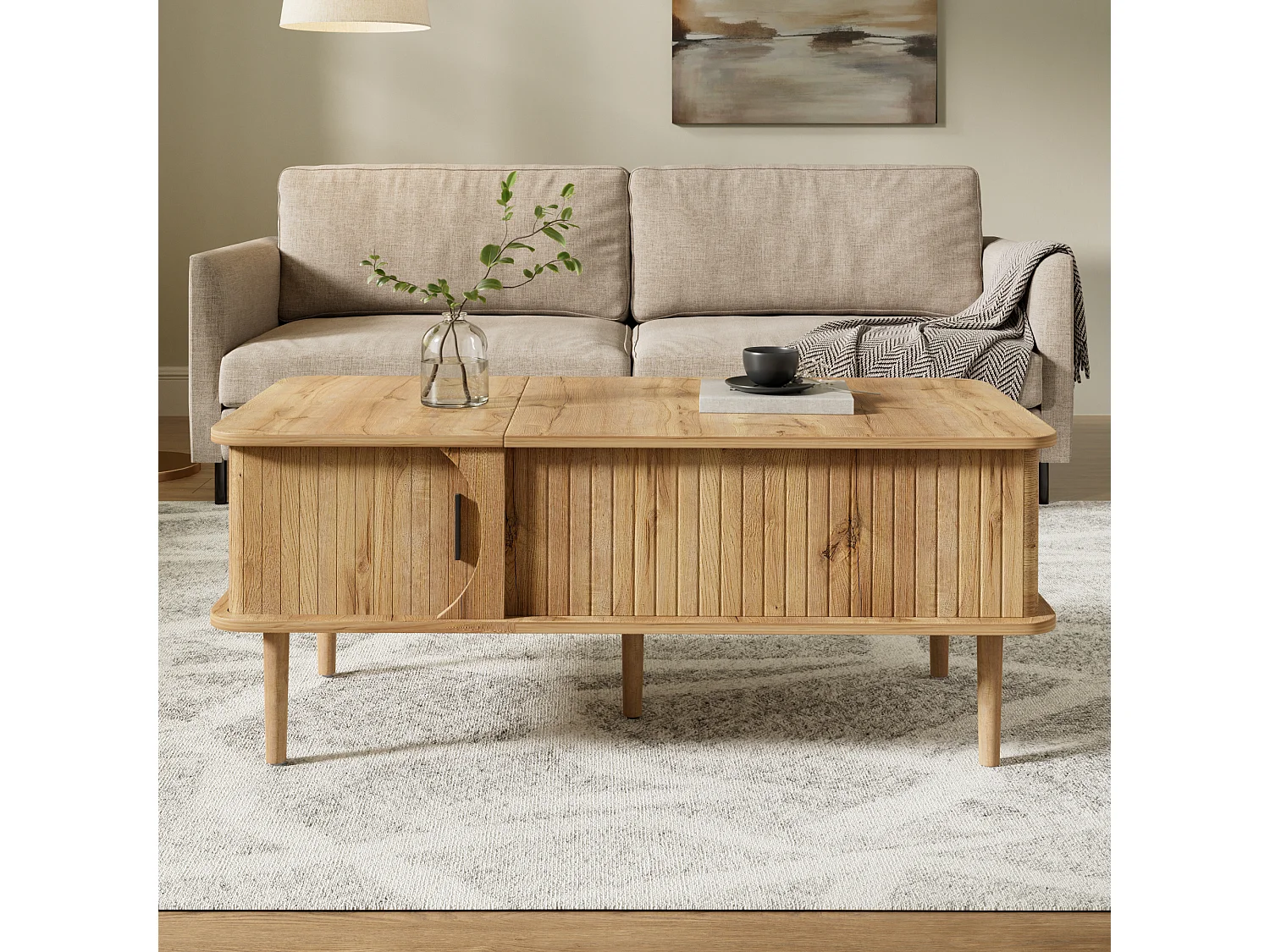 Table basse relevable rétro moderne 100x48x55.5 cm - Plateau réglable - 1 porte coulissante - Pieds en bois - Naturel