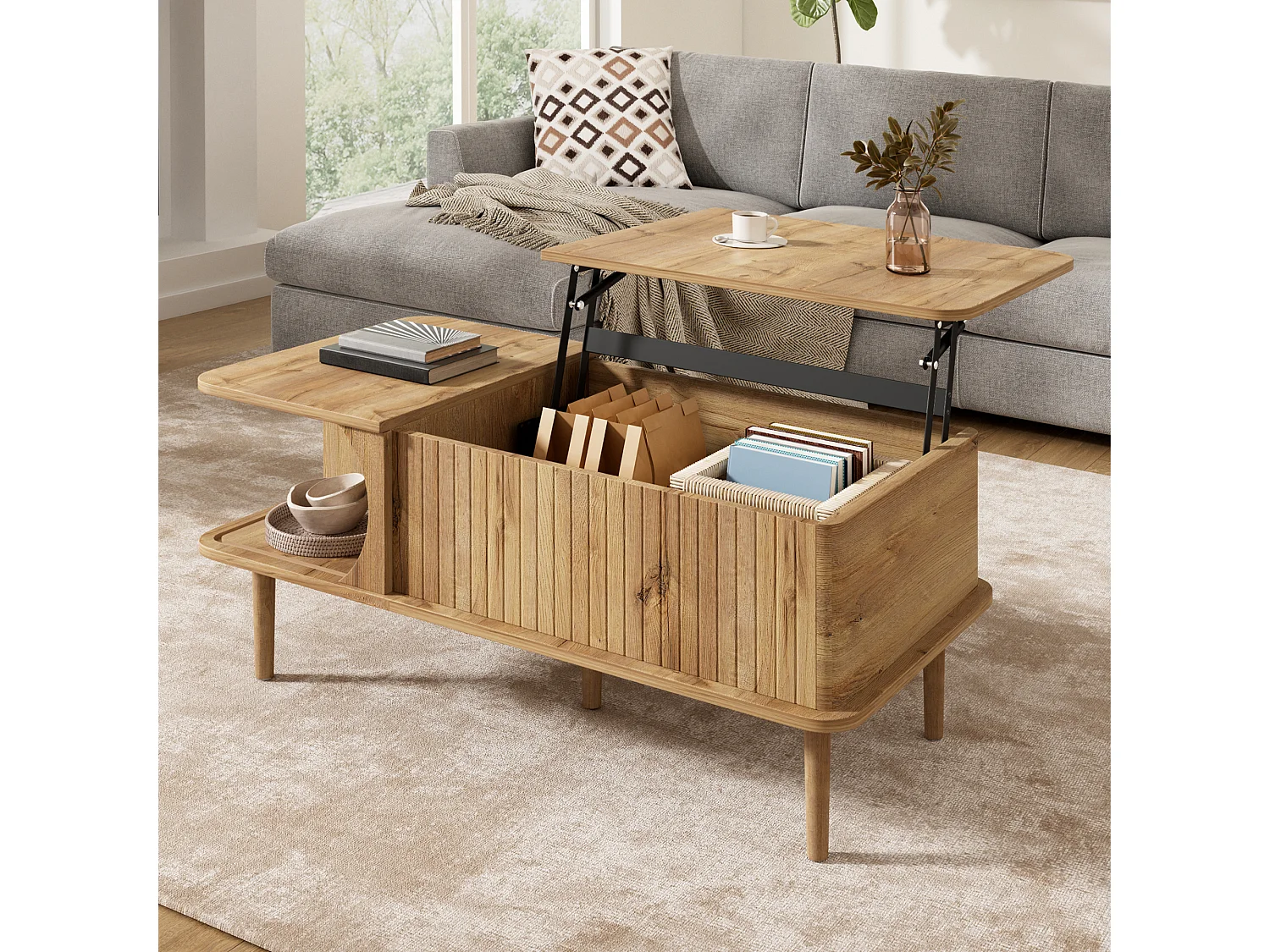 Table basse relevable rétro moderne 100x48x55.5 cm - Plateau réglable - 1 porte coulissante - Pieds en bois - Naturel