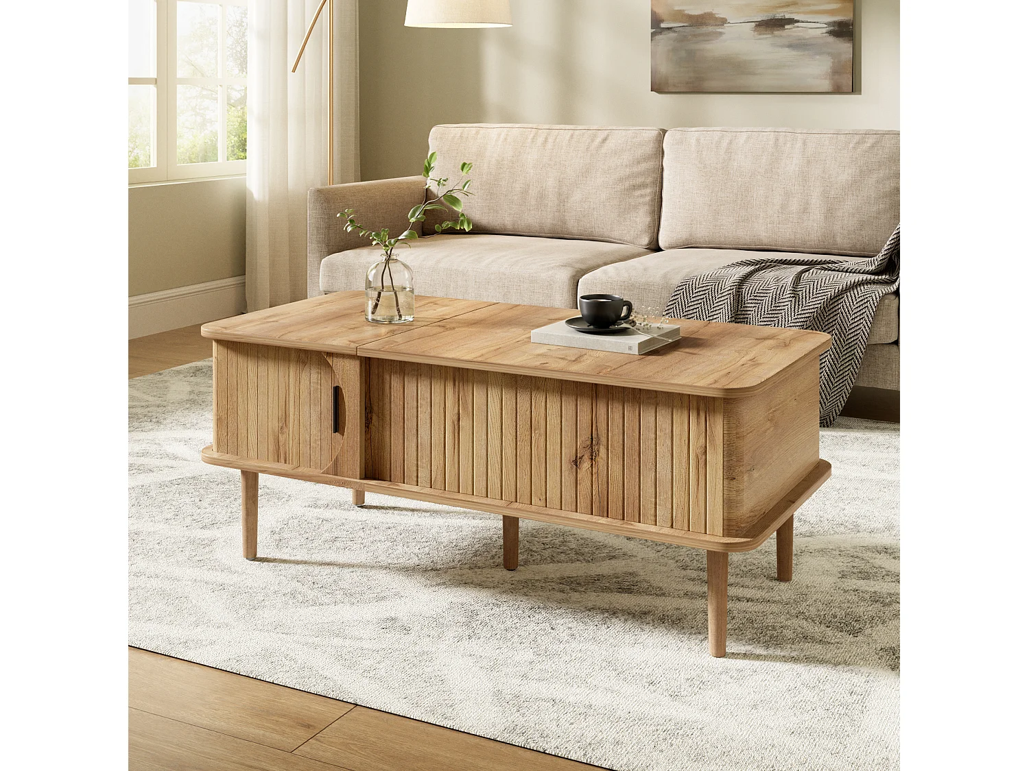 Table basse relevable rétro moderne 100x48x55.5 cm - Plateau réglable - 1 porte coulissante - Pieds en bois - Naturel