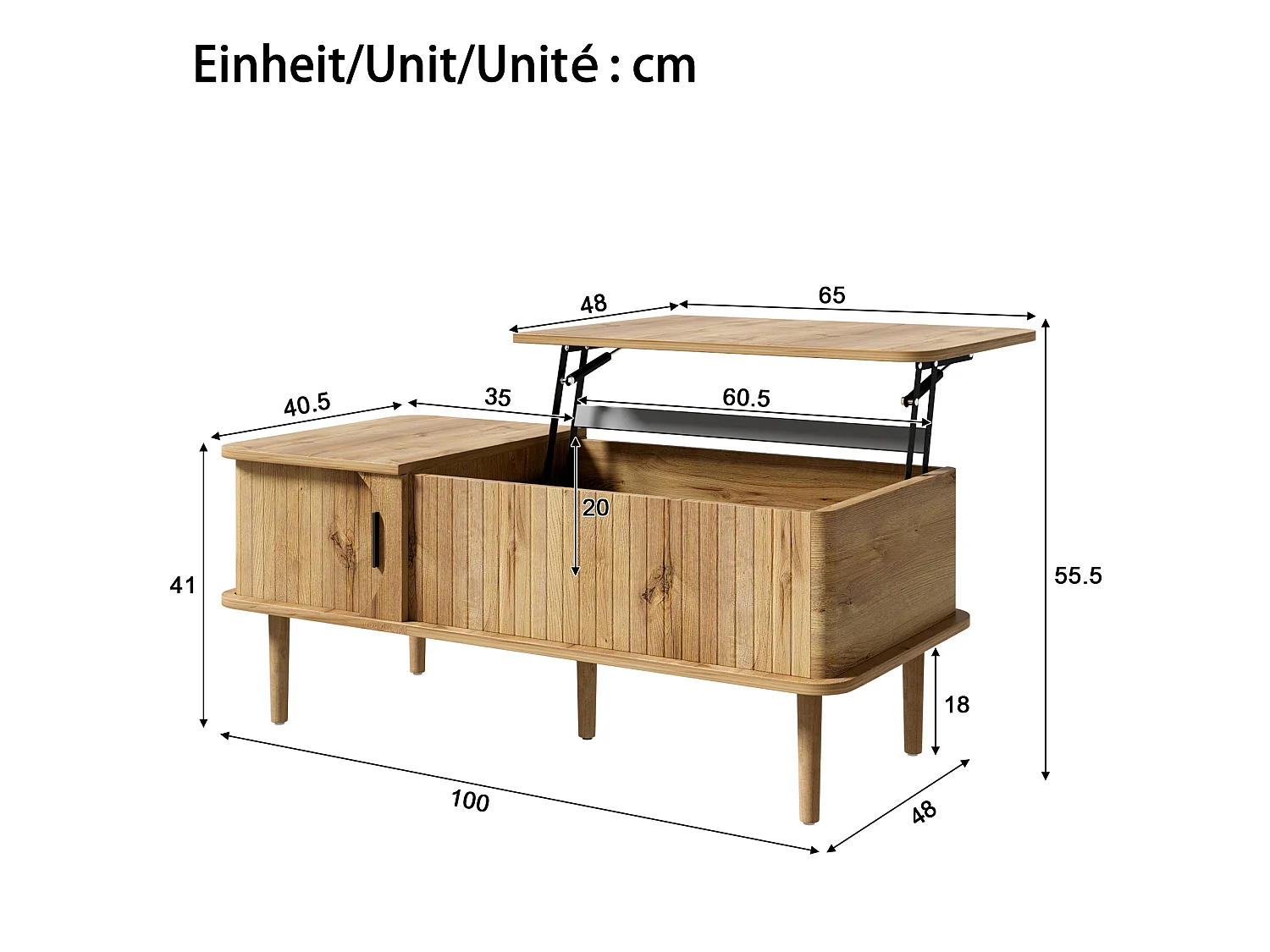 Table basse relevable rétro moderne 100x48x55.5 cm - Plateau réglable - 1 porte coulissante - Pieds en bois - Naturel