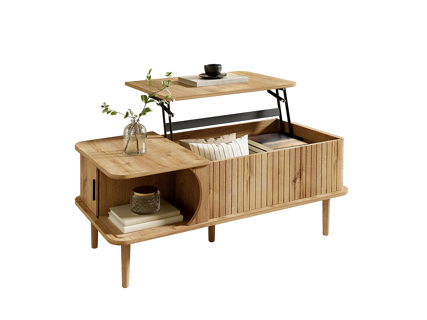 Table basse relevable rétro moderne 100x48x55.5 cm - Plateau réglable - 1 porte coulissante - Pieds en bois - Naturel