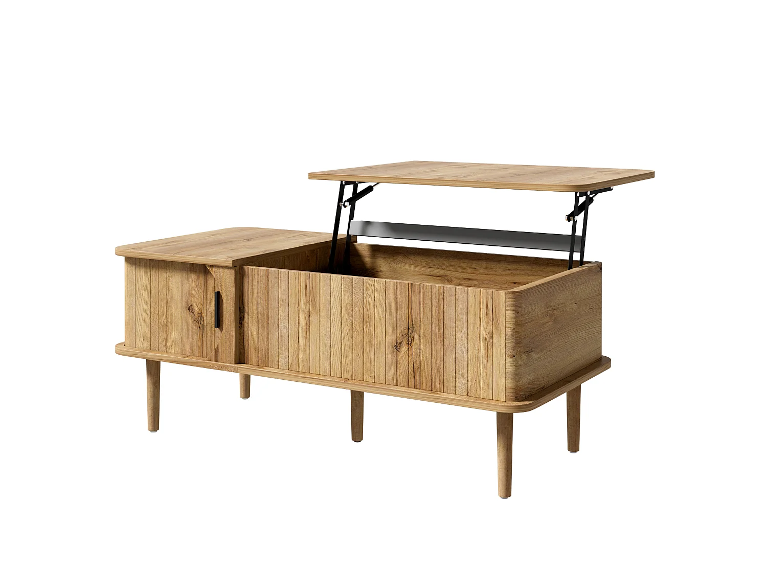 Table basse relevable rétro moderne 100x48x55.5 cm - Plateau réglable - 1 porte coulissante - Pieds en bois - Naturel