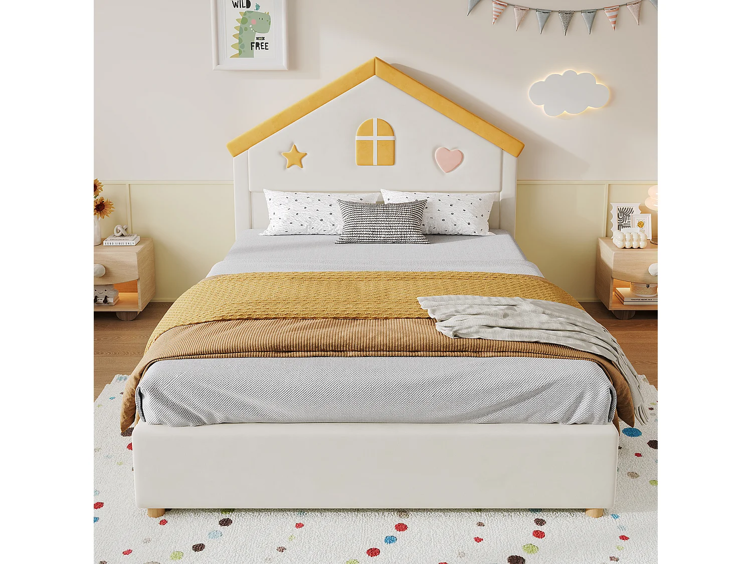 Kinder-Polsterbett 140x200cm - mit 4 Schubladen - Kopfteil in Hausform - Samtstoff - beige (ohne Matratze)