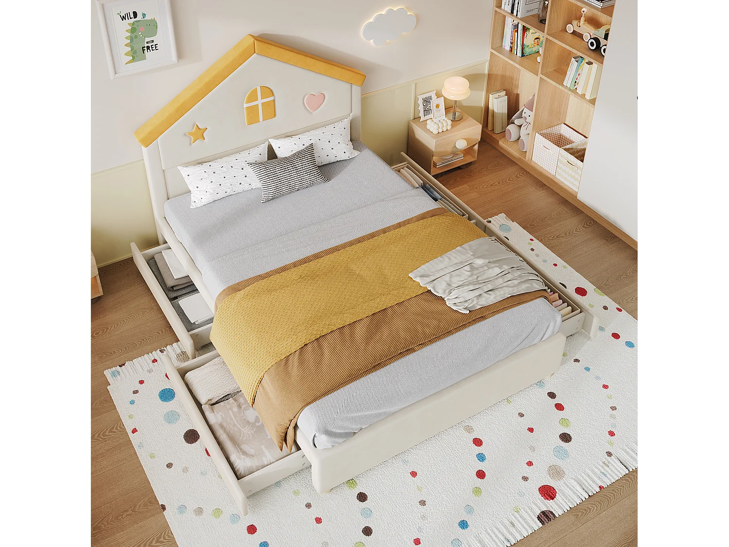 Kinder-Polsterbett 140x200cm - mit 4 Schubladen - Kopfteil in Hausform - Samtstoff - beige (ohne Matratze)