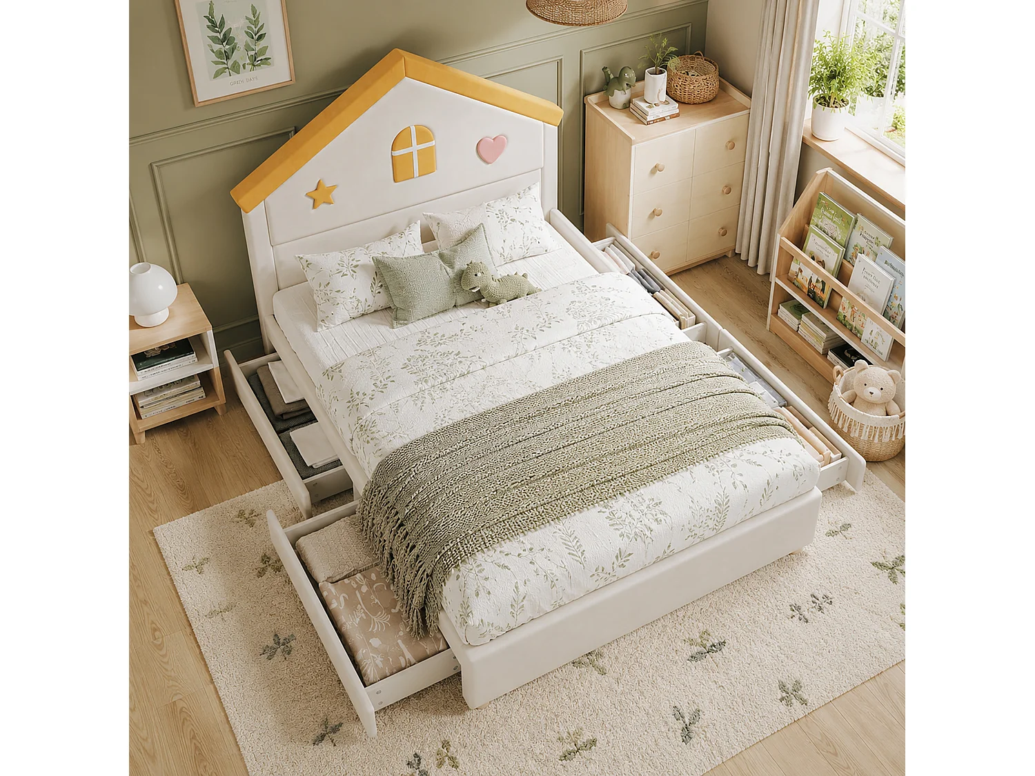 Kinder-Polsterbett 140x200cm - mit 4 Schubladen - Kopfteil in Hausform - Samtstoff - beige (ohne Matratze)