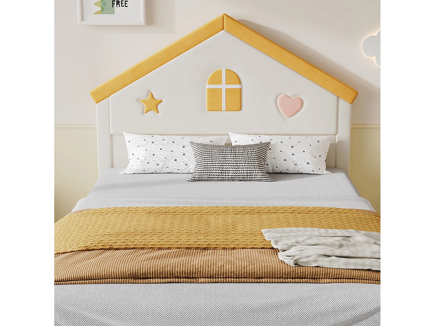Kinder-Polsterbett 140x200cm - mit 4 Schubladen - Kopfteil in Hausform - Samtstoff - beige (ohne Matratze)