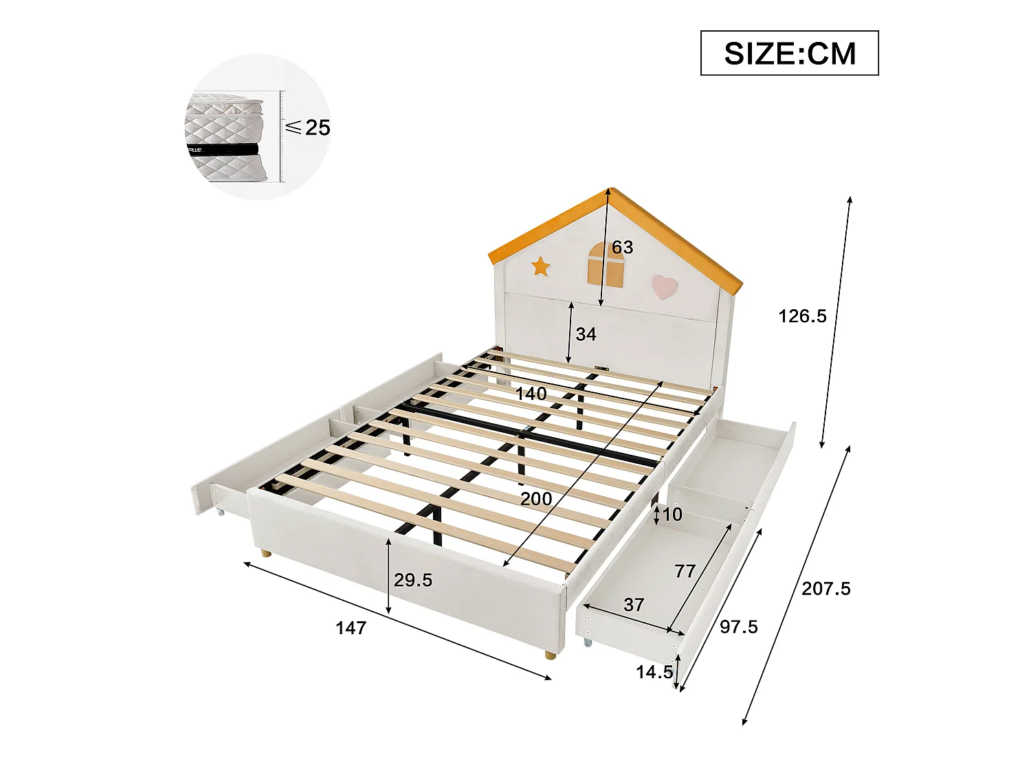 Kinder-Polsterbett 140x200cm - mit 4 Schubladen - Kopfteil in Hausform - Samtstoff - beige (ohne Matratze)