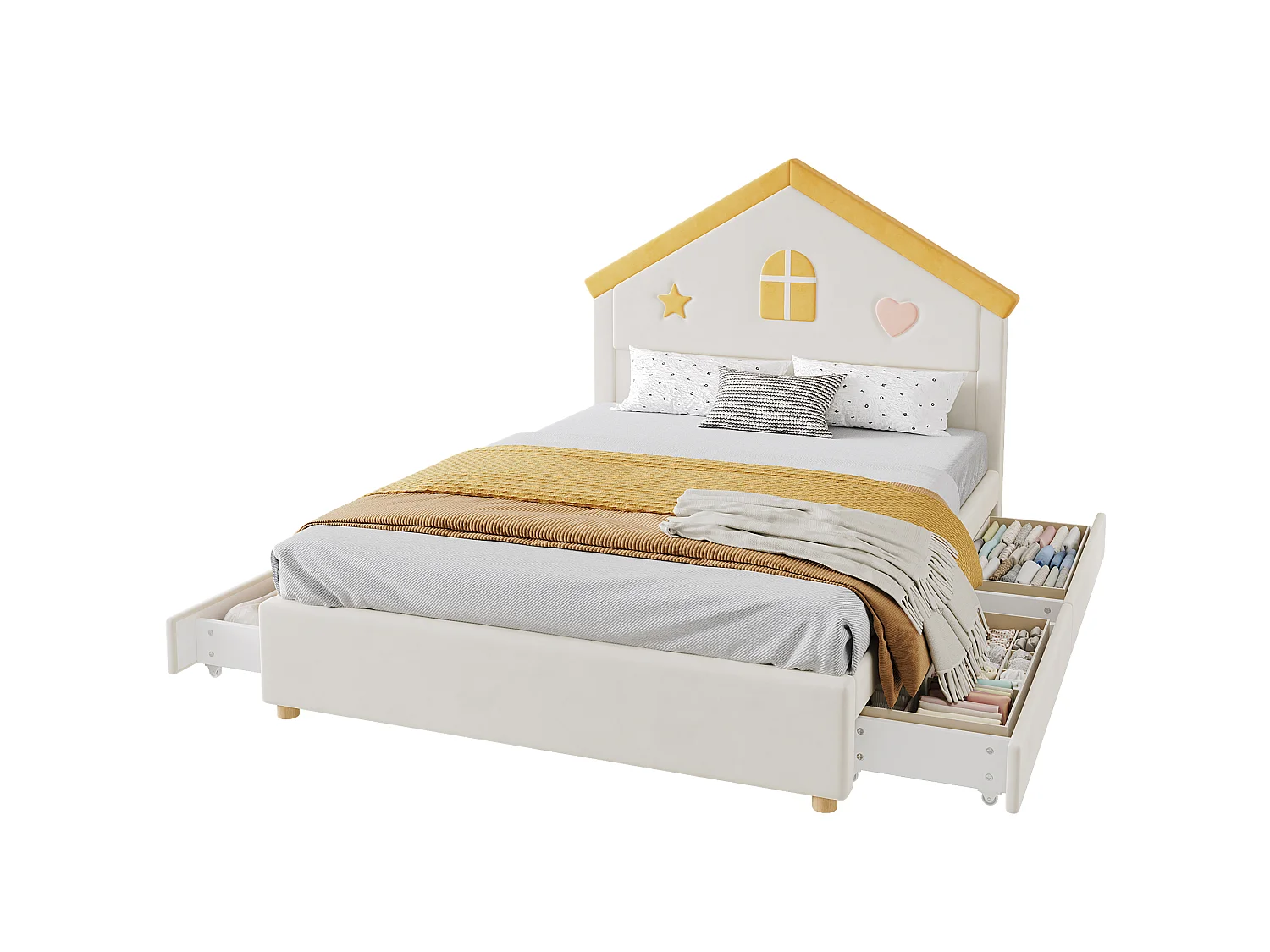 Kinder-Polsterbett 140x200cm - mit 4 Schubladen - Kopfteil in Hausform - Samtstoff - beige (ohne Matratze)