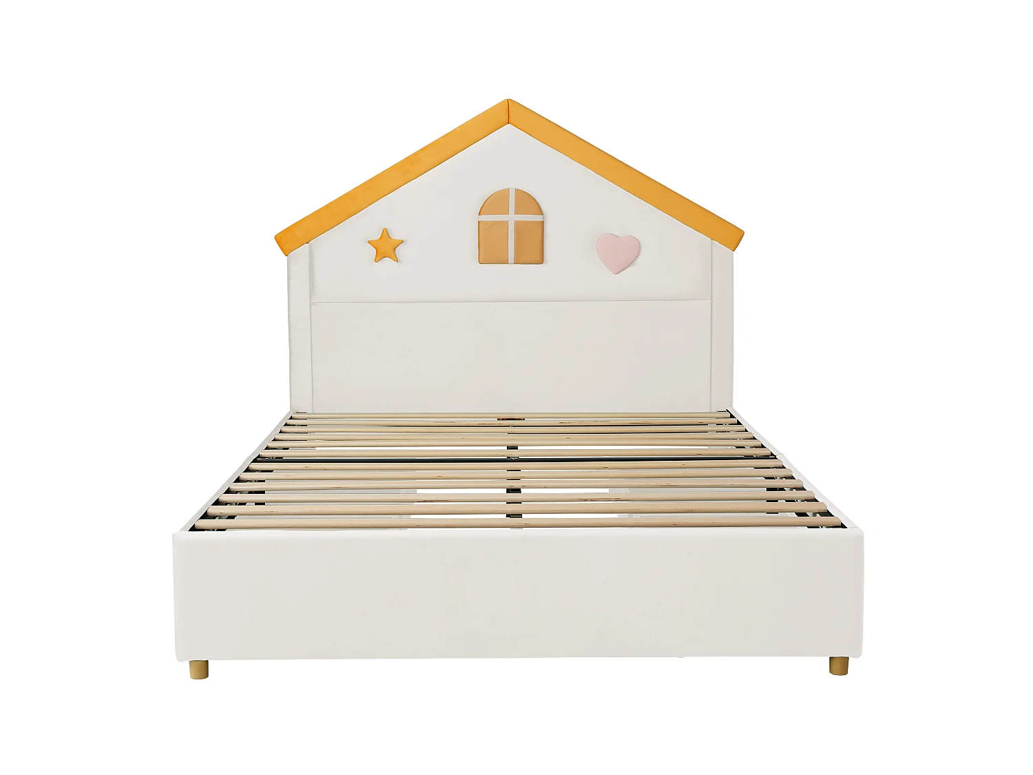 Kinder-Polsterbett 140x200cm - mit 4 Schubladen - Kopfteil in Hausform - Samtstoff - beige (ohne Matratze)