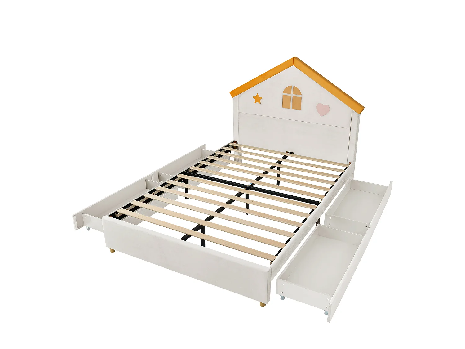 Kinder-Polsterbett 140x200cm - mit 4 Schubladen - Kopfteil in Hausform - Samtstoff - beige (ohne Matratze)