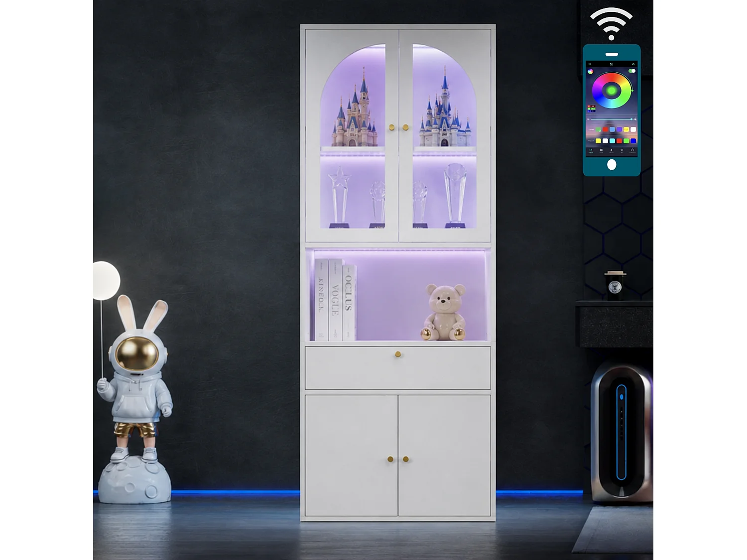Vitrine, bibliothèque, meuble de rangement 70x35x180 cm - Bande lumineuse LED multicolore - 4 portes et 1 tiroir - MDF - Blanc