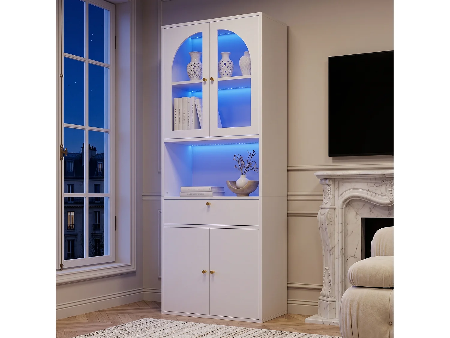 Vitrine, bibliothèque, meuble de rangement 70x35x180 cm - Bande lumineuse LED multicolore - 4 portes et 1 tiroir - MDF - Blanc