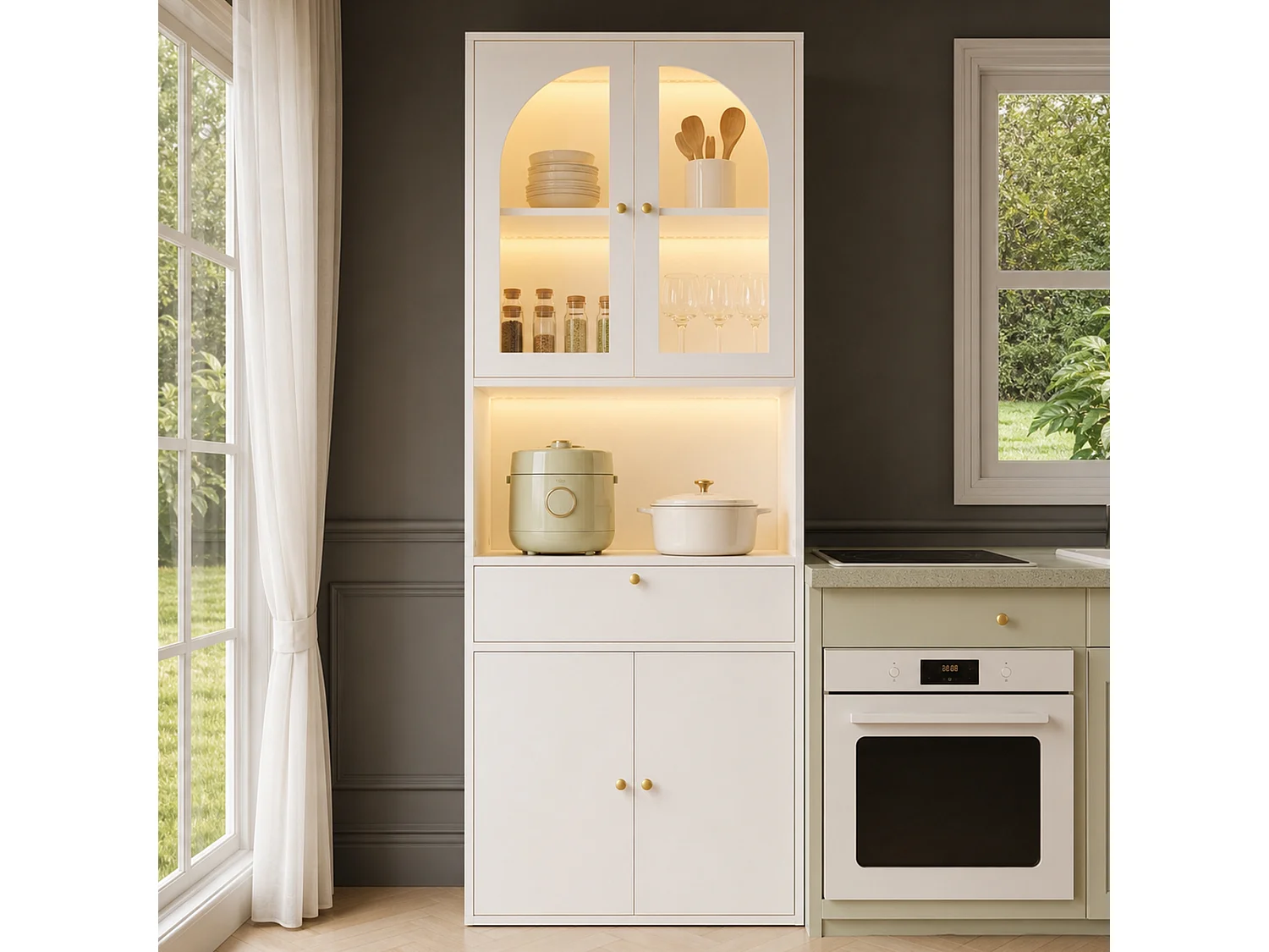 Vitrine, bibliothèque, meuble de rangement 70x35x180 cm - Bande lumineuse LED multicolore - 4 portes et 1 tiroir - MDF - Blanc
