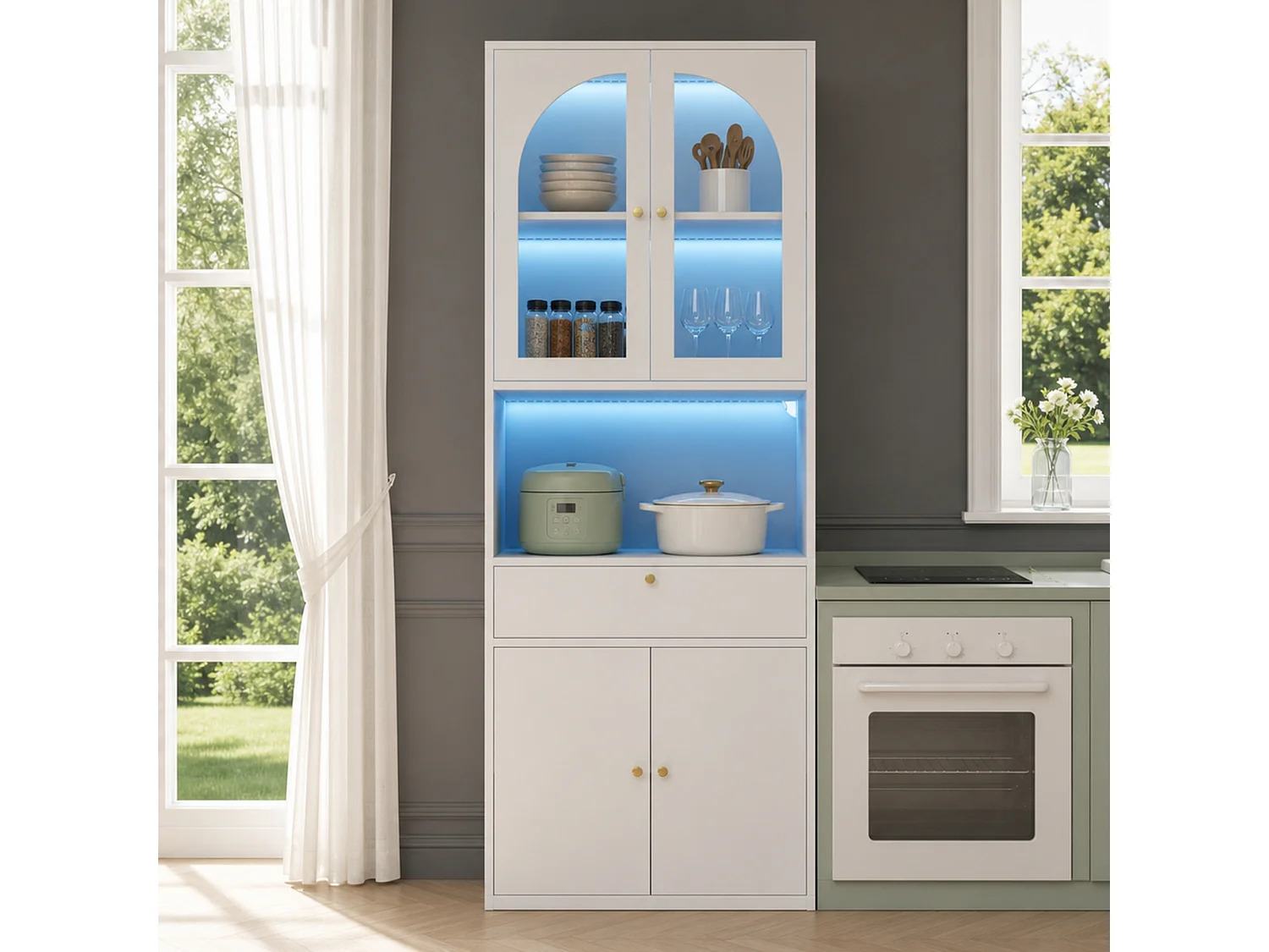 Vitrine, bibliothèque, meuble de rangement 70x35x180 cm - Bande lumineuse LED multicolore - 4 portes et 1 tiroir - MDF - Blanc