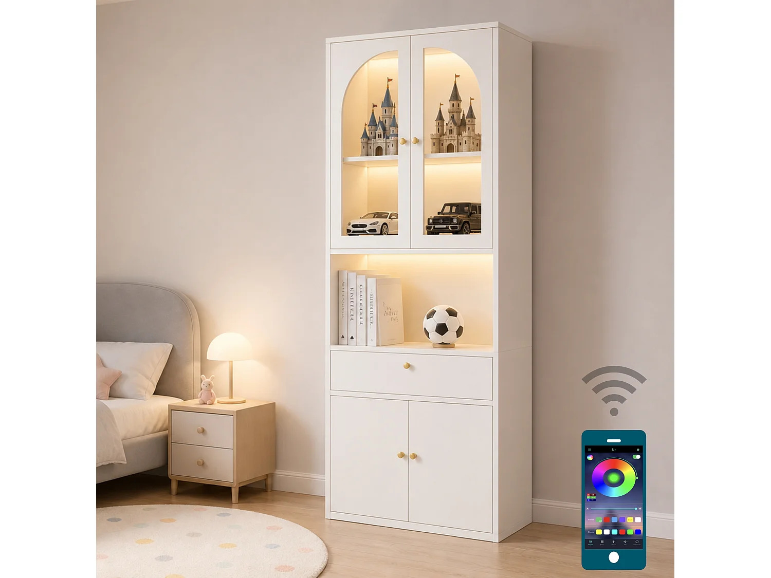 Vitrine, bibliothèque, meuble de rangement 70x35x180 cm - Bande lumineuse LED multicolore - 4 portes et 1 tiroir - MDF - Blanc