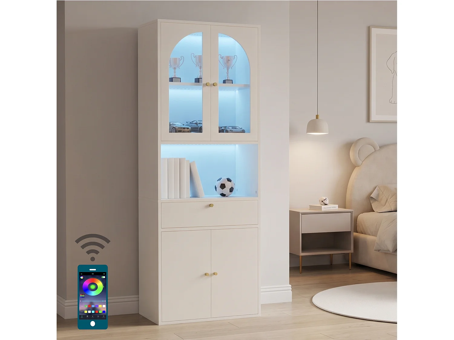 Vitrine, bibliothèque, meuble de rangement 70x35x180 cm - Bande lumineuse LED multicolore - 4 portes et 1 tiroir - MDF - Blanc