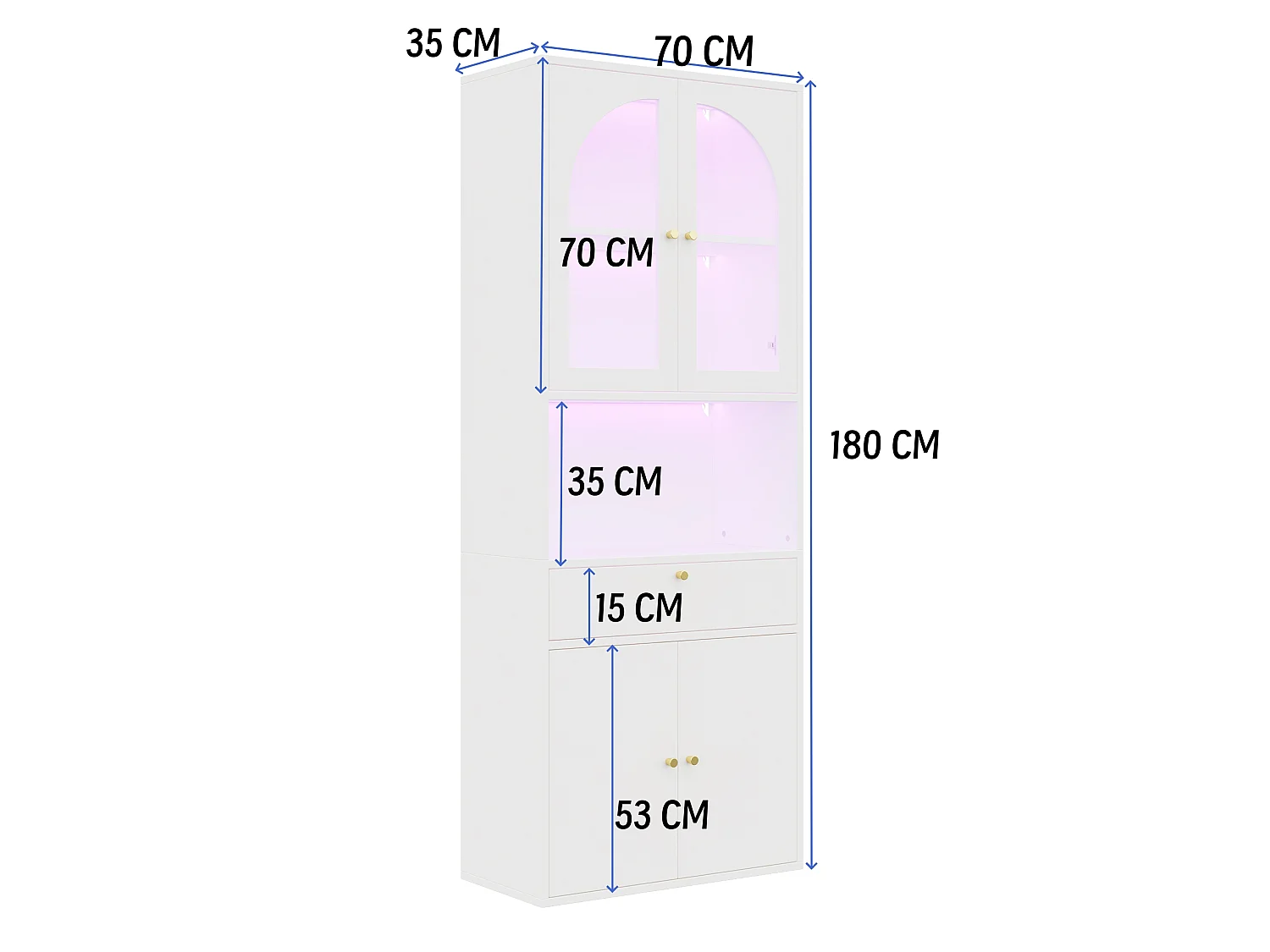Vitrine, bibliothèque, meuble de rangement 70x35x180 cm - Bande lumineuse LED multicolore - 4 portes et 1 tiroir - MDF - Blanc