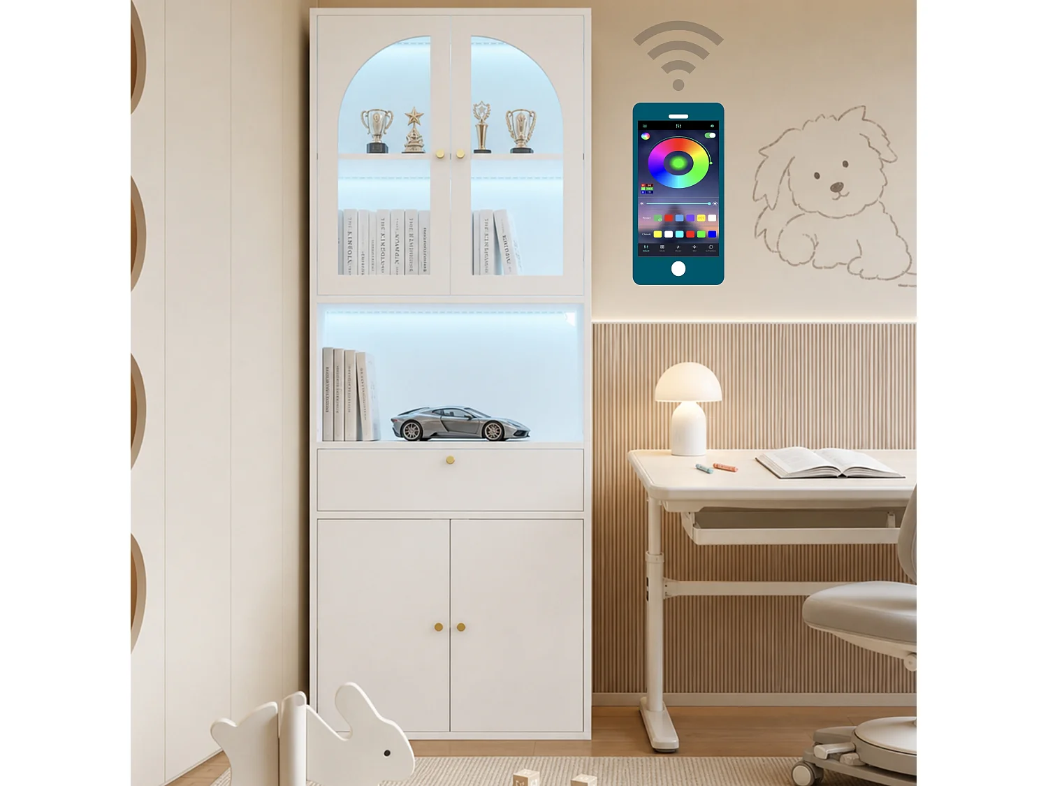 Vitrine, bibliothèque, meuble de rangement 70x35x180 cm - Bande lumineuse LED multicolore - 4 portes et 1 tiroir - MDF - Blanc